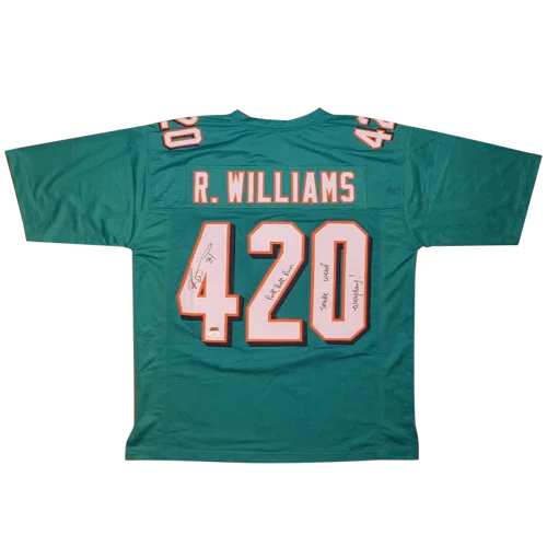 Ricky Williams Autographed Miami (Teal #420) Custom Jersey w/ "Puff, Puff, Run ", "Smoke Weed Everyday" - JSA