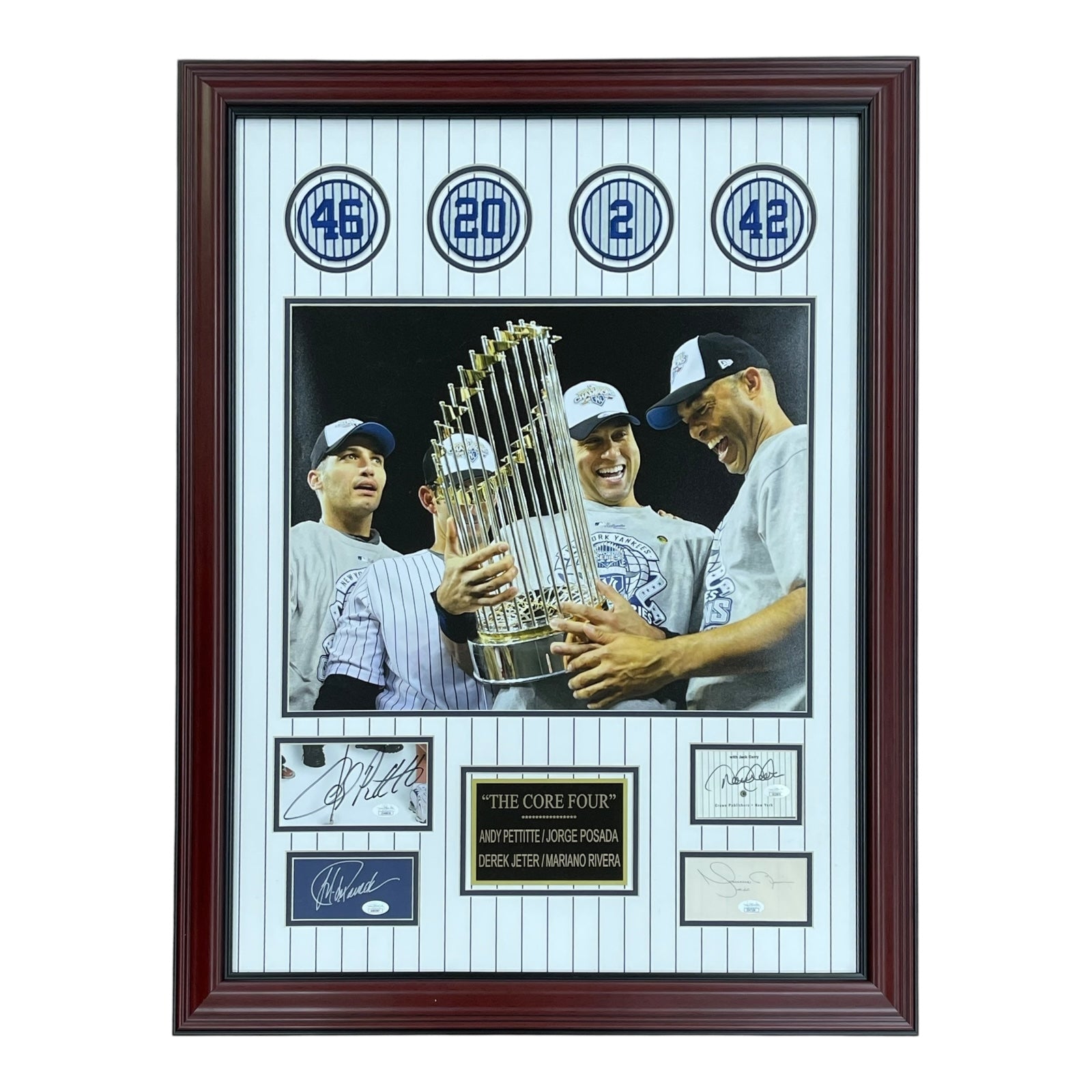 Derek Jeter, Andy Pettitte, Jorge Posada And Mariano Rivera Autographed New York Yankees (Core Four) Deluxe Framed Cut Piece with Patches - JSA