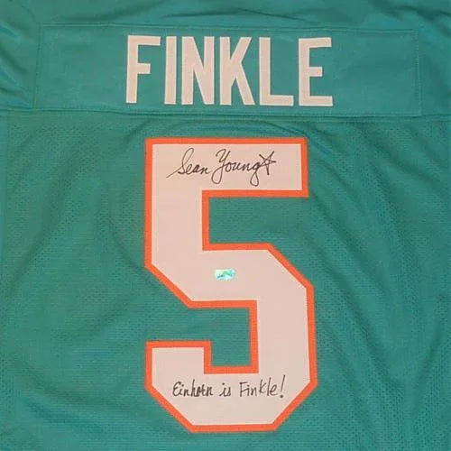 Sean Young Autographed Ray Finkle Miami Dolphins (Teal #5) Jersey w/ "Einhorn is Finkle" - Ace Ventura Movie