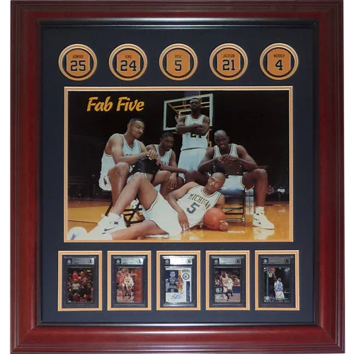 Michigan Wolverines FAB FIVE Basketball Deluxe Framed Poster with Autographed Cards - Webber, Rose, Howard, King, Jackson - Beckett Slab