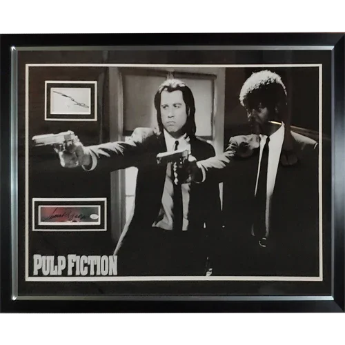 Pulp Fiction Duo with Guns Full-Size Movie Poster Deluxe Framed with John Travolta And Samuel L. Jackson Autographs - JSA
