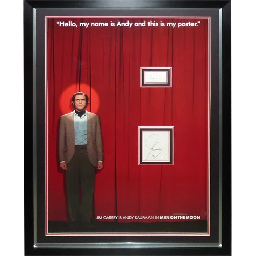 Man On The Moon Full-Size Movie Poster Deluxe Framed with Andy Kaufman and Jim Carrey Autographs - JSA