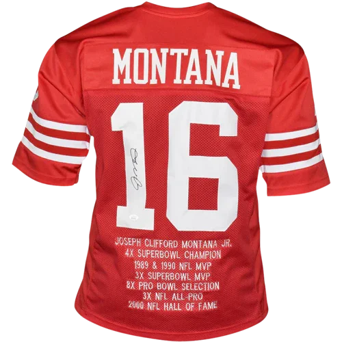 Joe Montana Autographed San Francisco (Red #16) Custom STAT Jersey - JSA