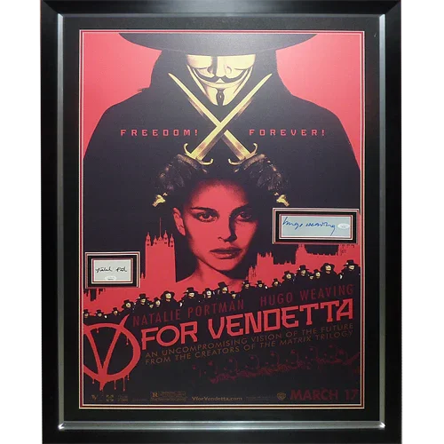 V for Vendetta Full-Size Movie Poster Deluxe Framed with Hugo Weaving and Natalie Portman Autographs - JSA