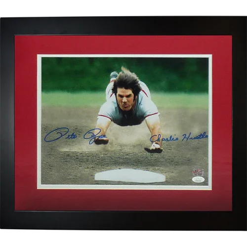 Pete Rose Autographed Cincinnati Reds (Head First Slide) Deluxe Framed 11x14 Photo w/ Charlie Hustle - JSA