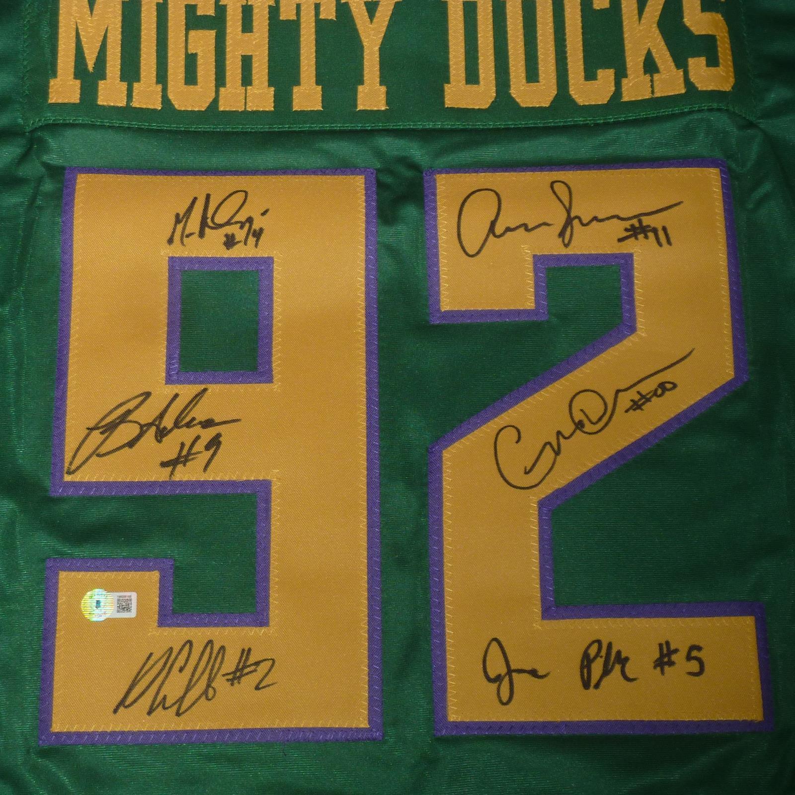 Mighty Ducks Cast Autographed (Green #92) Custom Hockey Jersey w/ Ducks Fly Together - 6 Signatures - Beckett