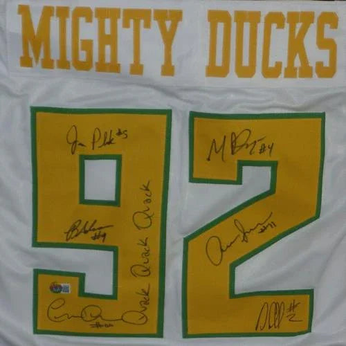Mighty Ducks Cast Autographed (White #92) Custom Hockey Jersey w/ Quack Quack Quack - 6 Signatures - Beckett