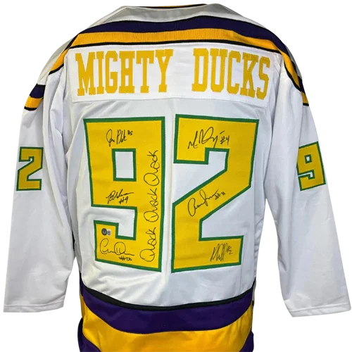Mighty Ducks Cast Autographed (White #92) Custom Hockey Jersey w/ Quack Quack Quack - 6 Signatures - Beckett