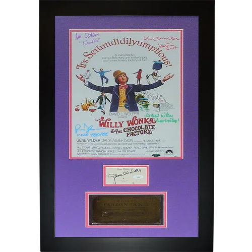 Gene Wilder and Cast Autographed Willy Wonka and the Chocolate Factory Deluxe Framed 11x17 Movie Poster and Golden Ticket Piece - JSA