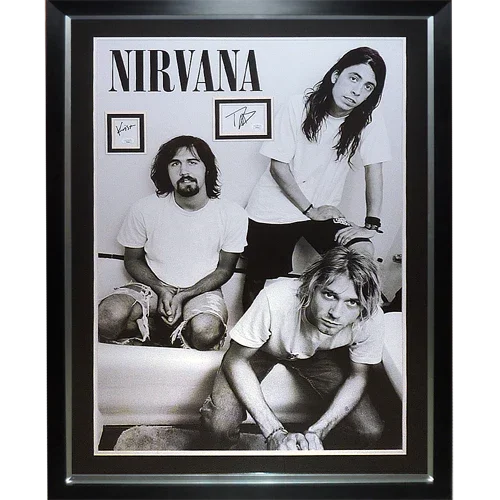 Nirvana Band Full-Size Music Poster Deluxe Framed with Dave Grohl And Krist Novoselic Autographs - JSA
