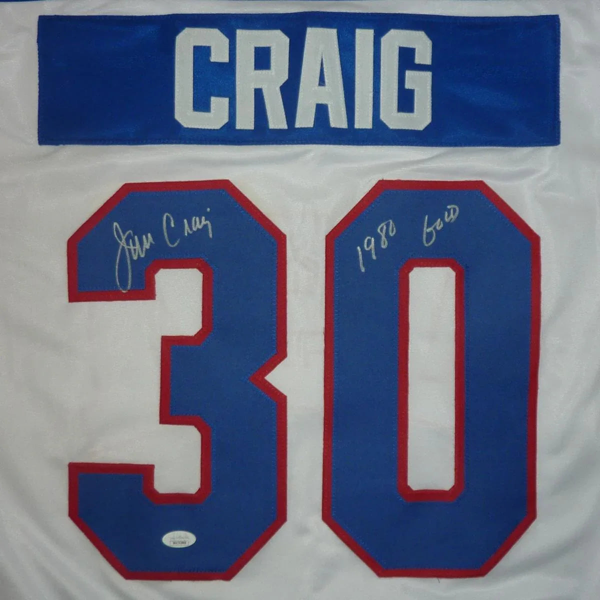 Jim Craig Autographed USA Hockey (White #30) Custom Stitched Jersey with 1980 Gold - JSA