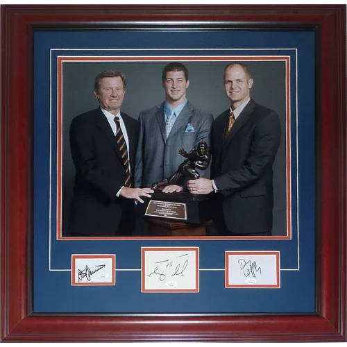 Steve Spurrier, Danny Wuerffel And Tim Tebow Autographed Florida Gators Heisman Deluxe Framed 16x20 Photo with Cut Signatures - JSA
