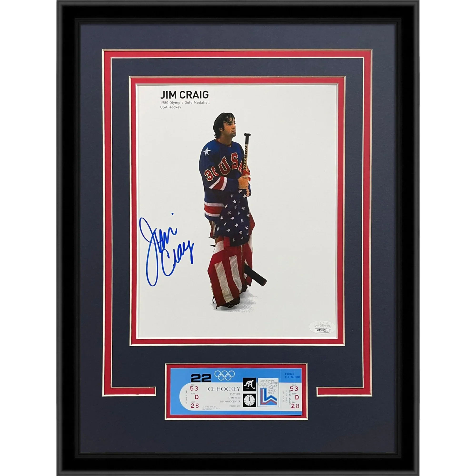 Jim Craig Autographed 1980 USA Hockey Holding Flag Deluxe Framed 8x10 Photo w/ Replica Olympics Ticket - JSA