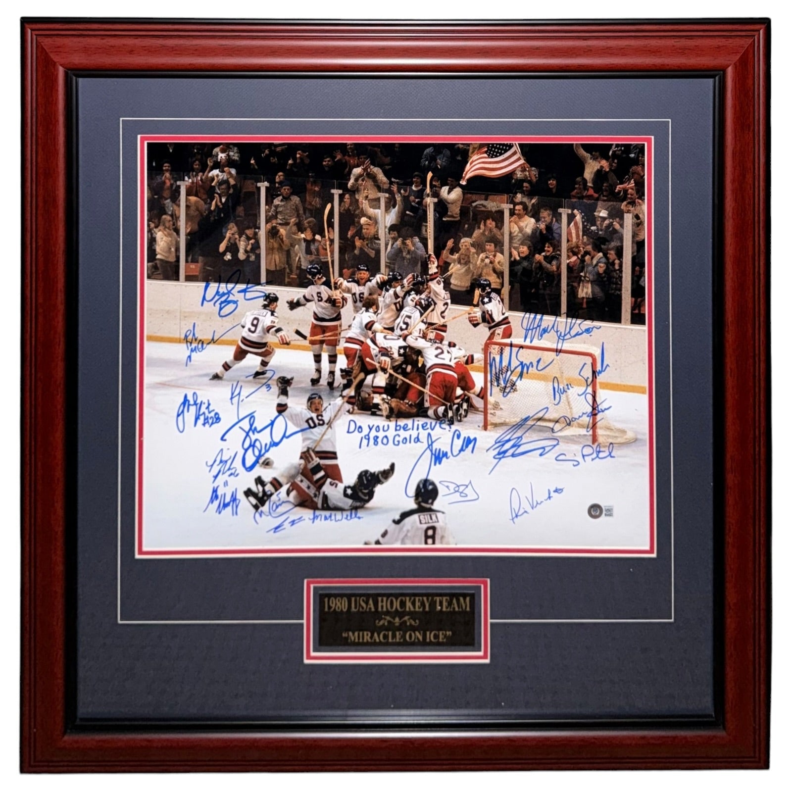 1980 U.S. Olympic Hockey Team Autographed (Miracle On Ice) Deluxe Framed 16x20 Photo - 18 Team Member Signatures - Beckett Witnessed
