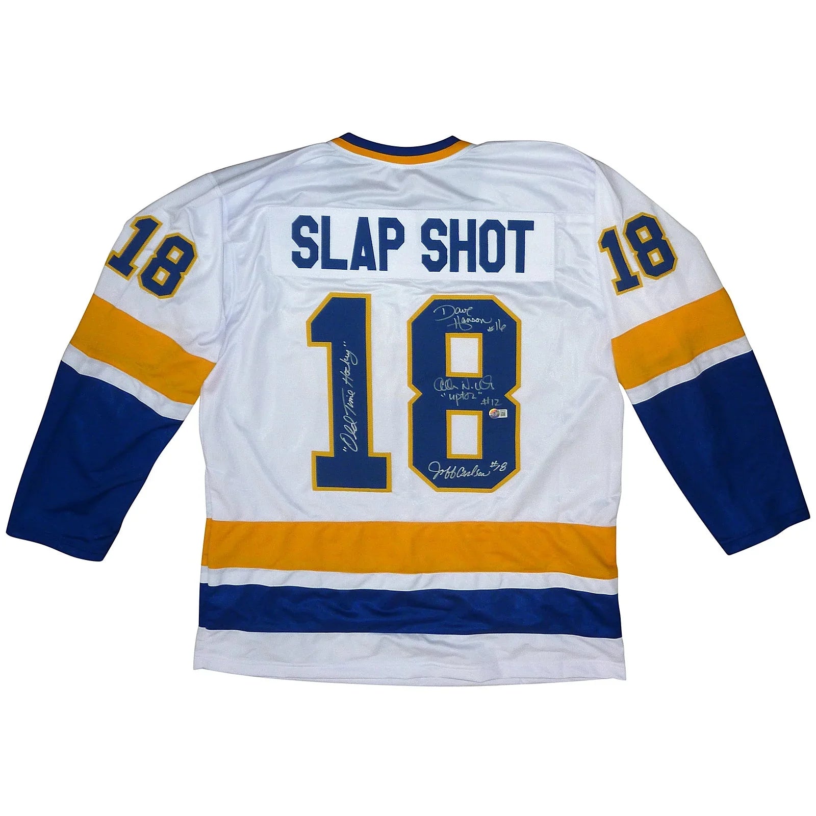 Hanson Brothers Autographed Slap Shot Movie Chiefs (White #18) Custom Hockey Jersey w/ "Old Time Hockey" - Beckett