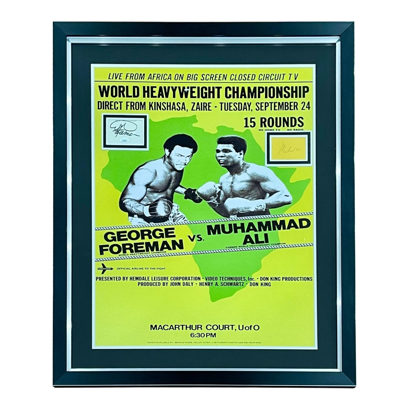 Rumble in the Jungle Full-Size Fight Poster Deluxe Framed with Muhammad Ali And George Foreman Autographs - JSA