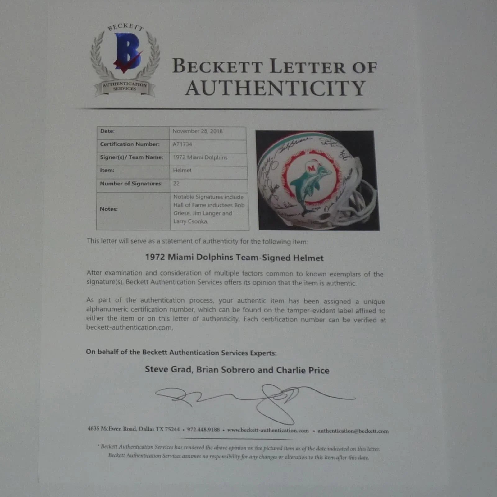 1972 Miami Dolphins Autographed (Throwback) Full-Size Replica Helmet - 22 Signatures - Beckett Letter