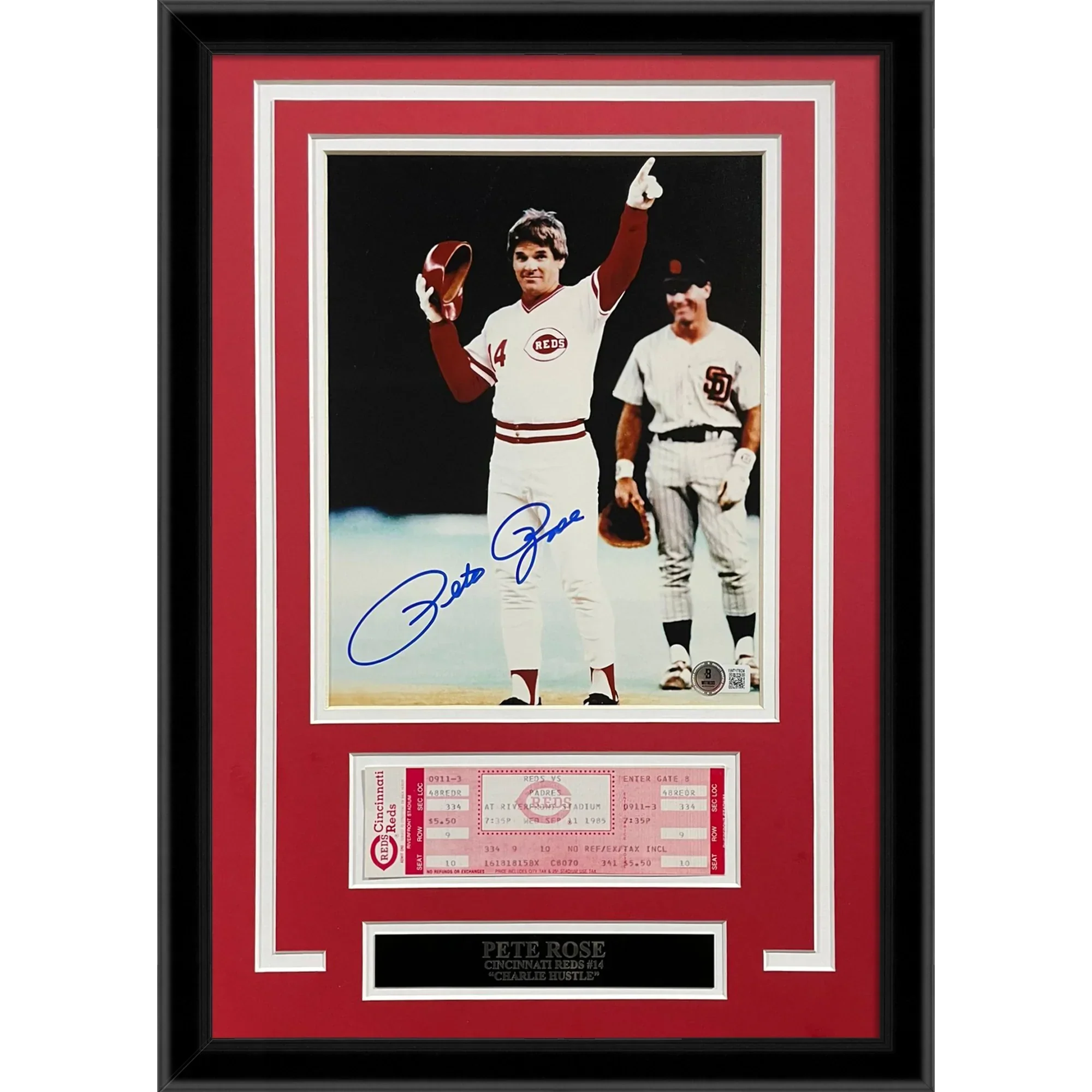 Pete Rose Autographed Cincinnati Reds (4192 Hit) Framed 8×10 Photo with Replica Game Ticket - JSA