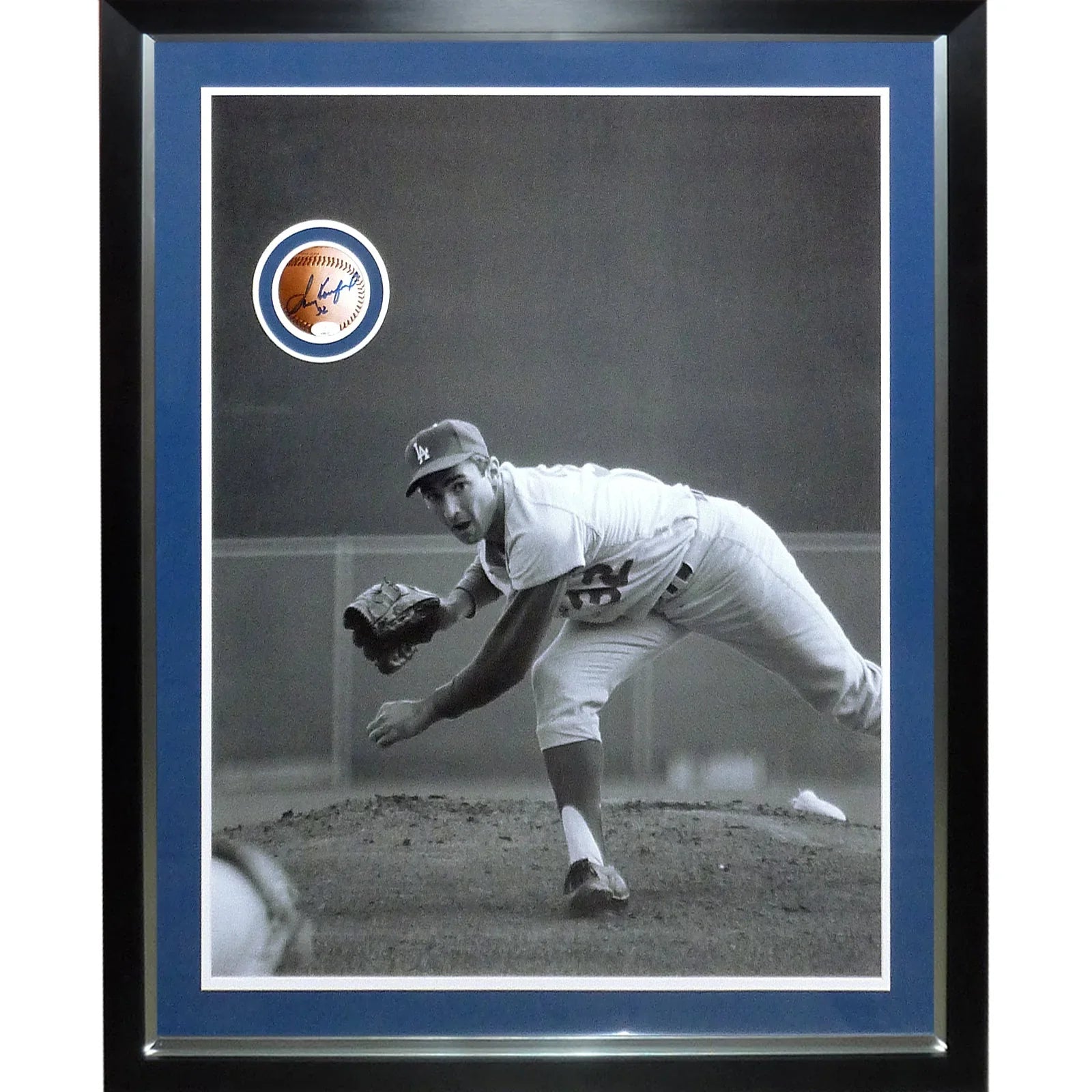 Sandy Koufax Deluxe Full-Size Artwork Poster Framed with Baseball Circle Autograph - JSA