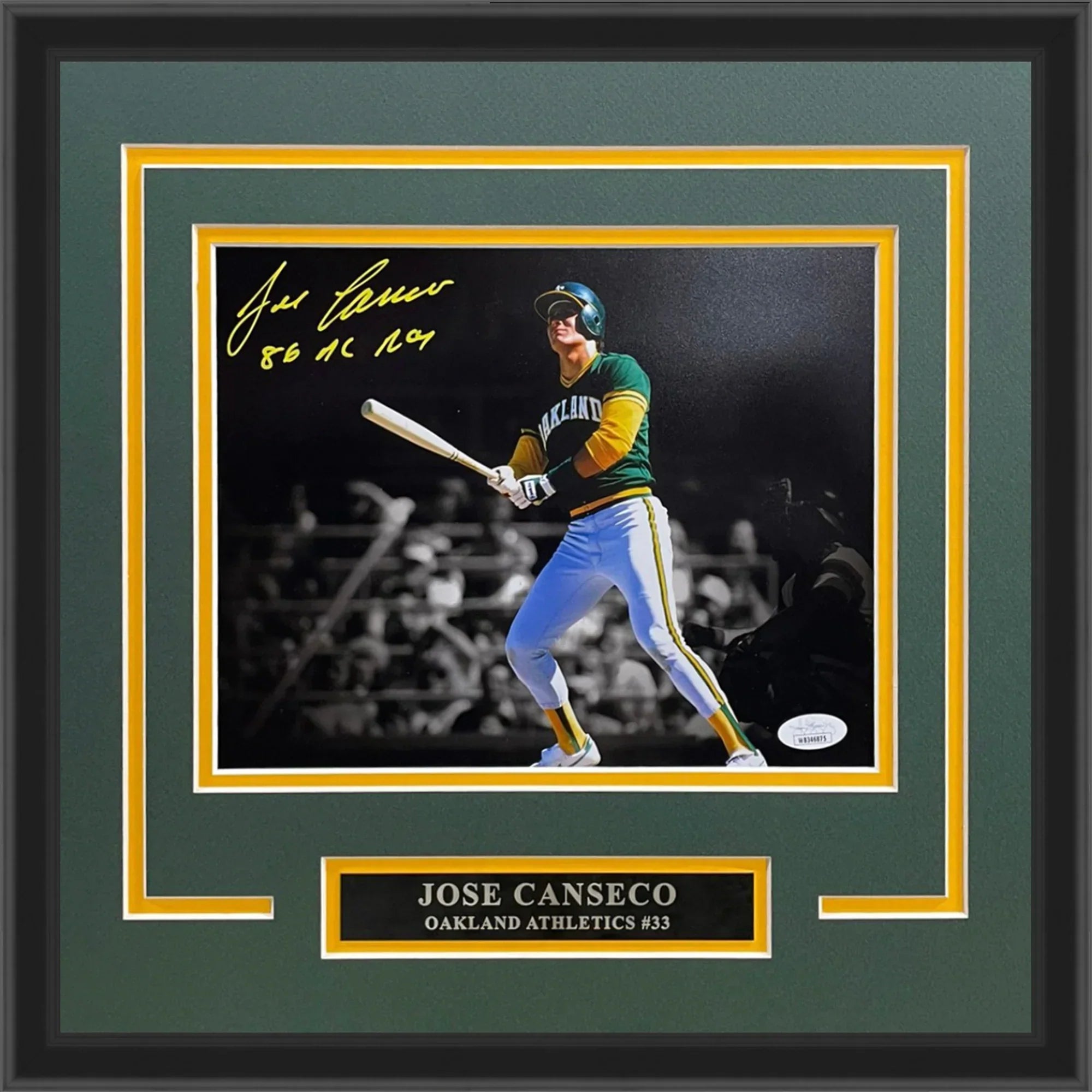 Jose Canseco Autographed Oakland Athletics Deluxe Framed 8x10 Photo w/ "86 AL ROY" - JSA