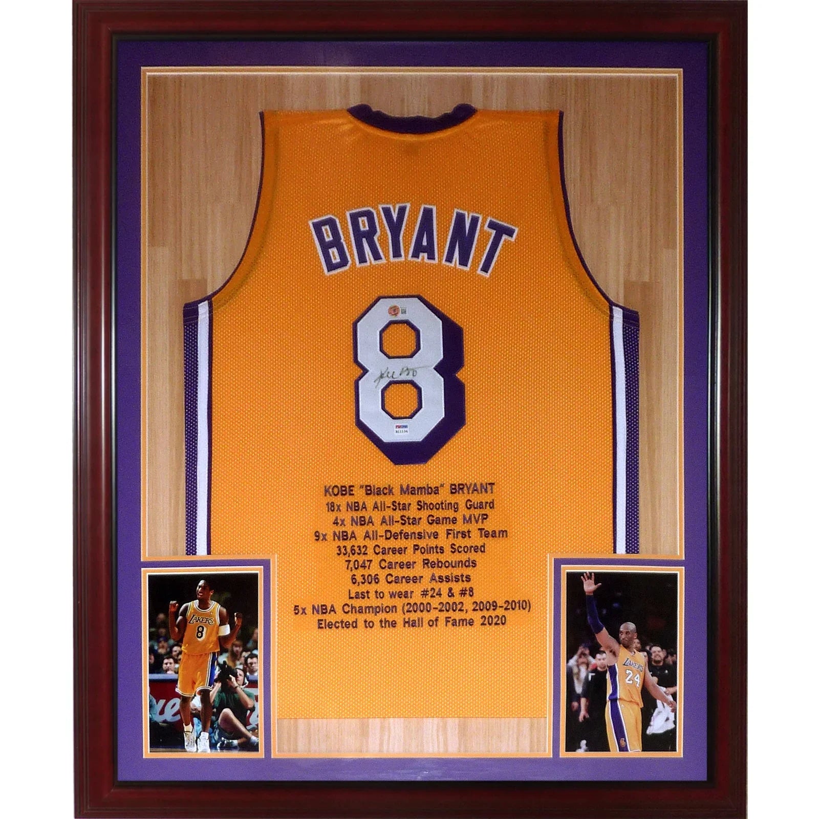 Kobe Bryant Autographed Los Angeles (Yellow #8 Embroidered STAT) Deluxe Framed Jersey - PSADNA, Beckett