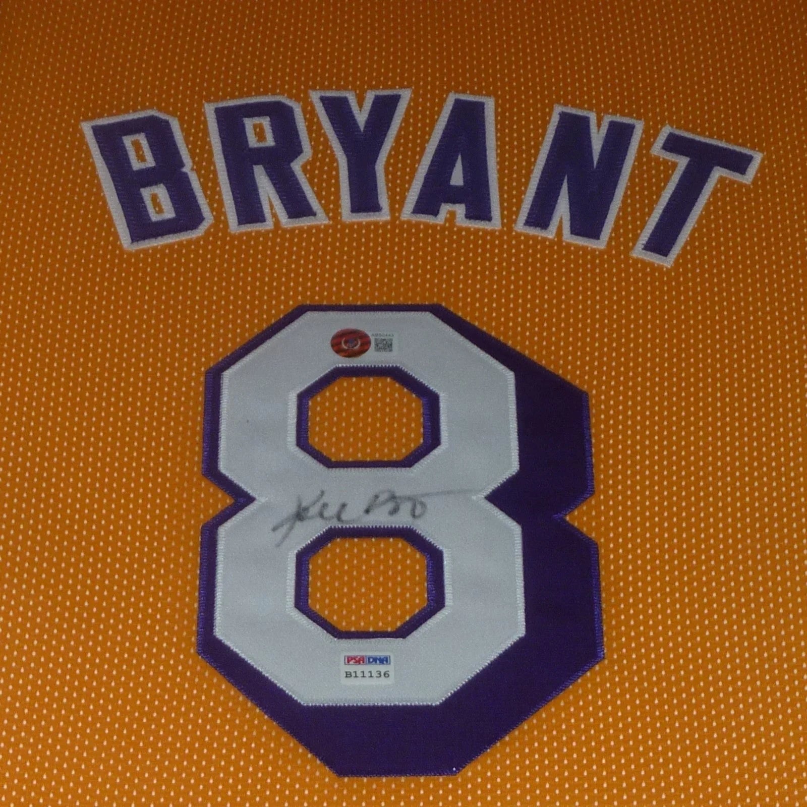 Kobe Bryant Autographed Los Angeles (Yellow #8 Embroidered STAT) Deluxe Framed Jersey - PSADNA, Beckett