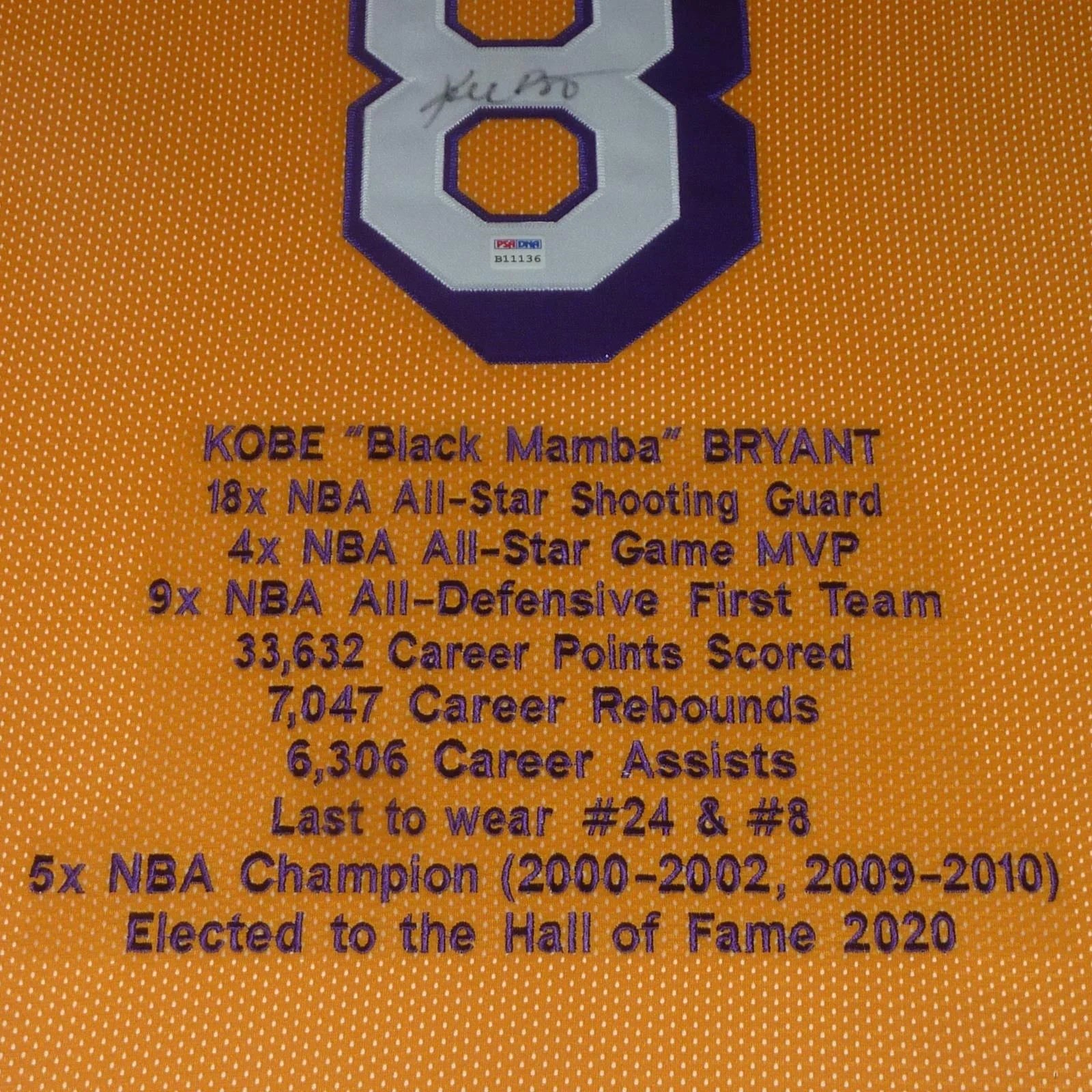 Kobe Bryant Autographed Los Angeles (Yellow #8 Embroidered STAT) Deluxe Framed Jersey - PSADNA, Beckett