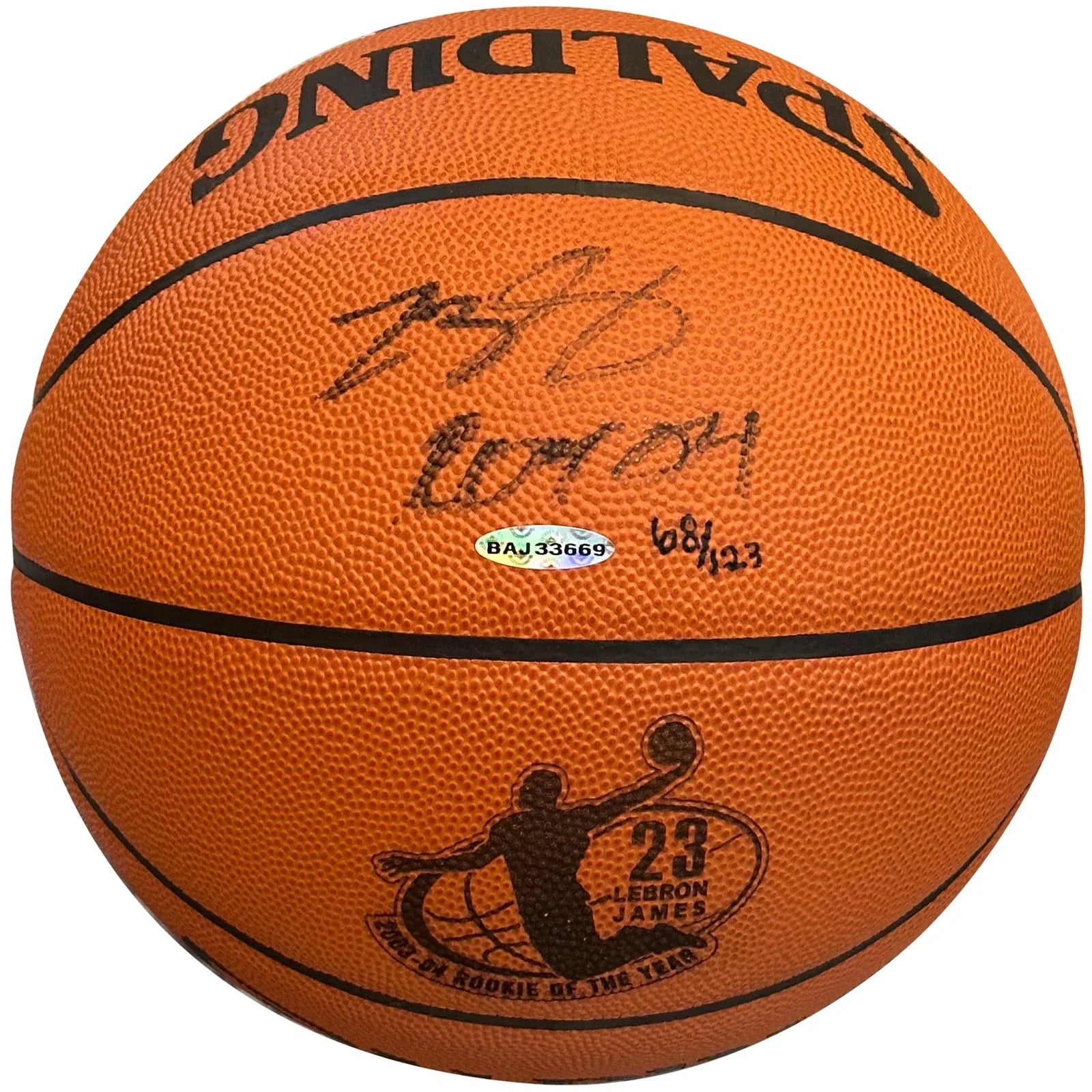 LeBron James Autographed NBA Rookie of the Year Embossed Spalding Basketball w/ ROY 04 Limited Edition #68 of 123 - UDA Upper Deck