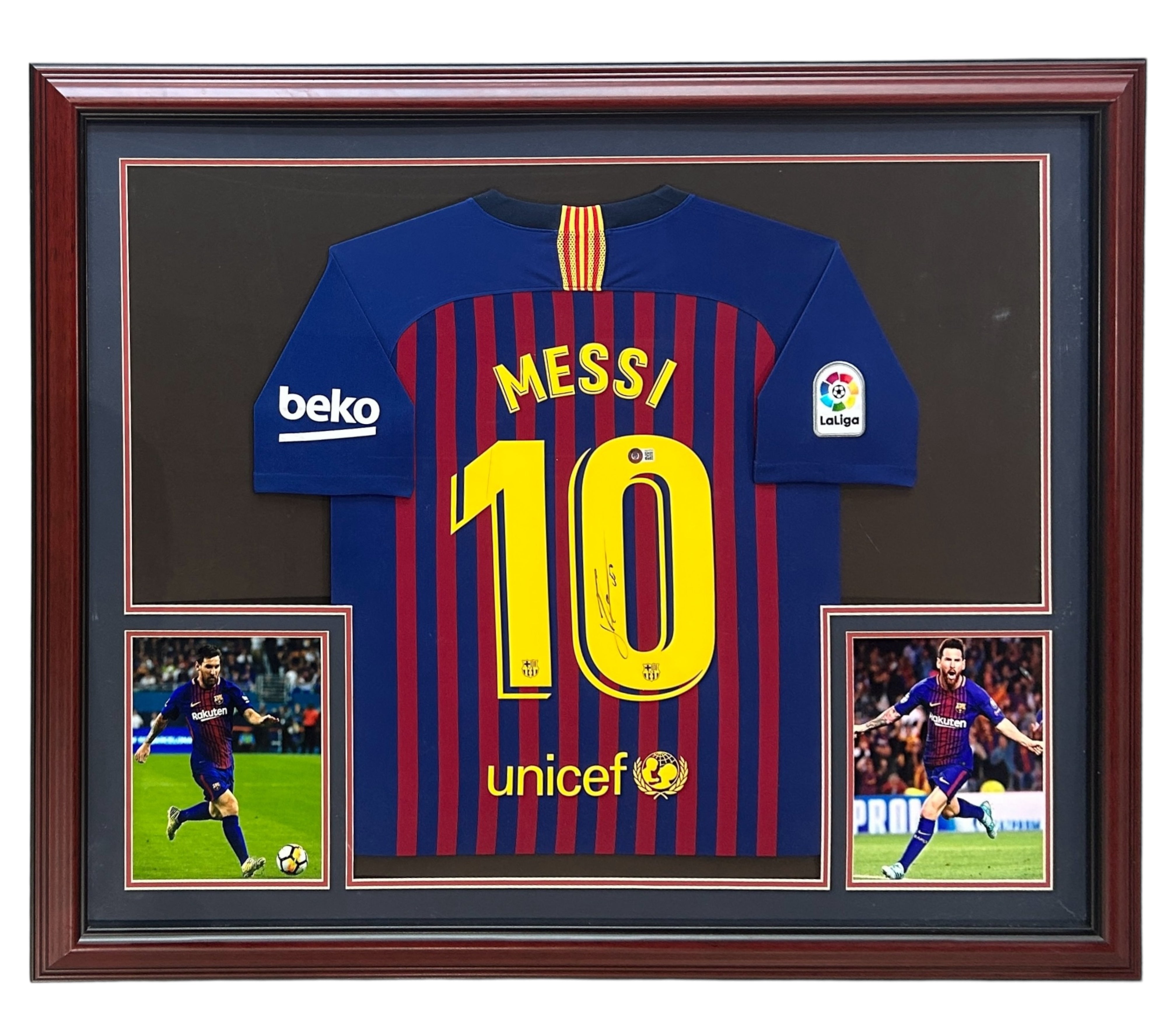 Lionel Messi Autographed FC Barcelona (18-19 Home #10) Deluxe Framed Soccer Jersey - Icons COA