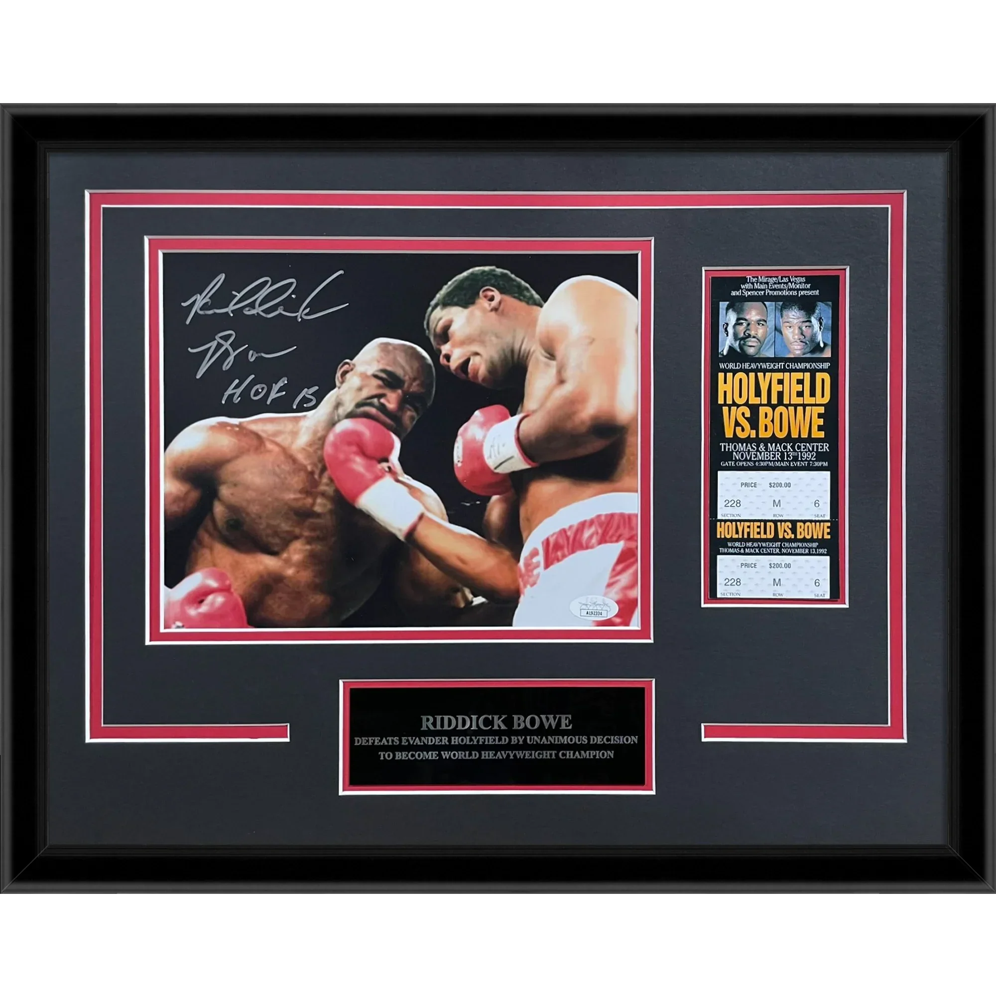 Riddick Bowe Autographed Boxing (vs Evander Holyfield) Deluxe Framed 8x10 Photo with Replica Fight Ticket - JSA
