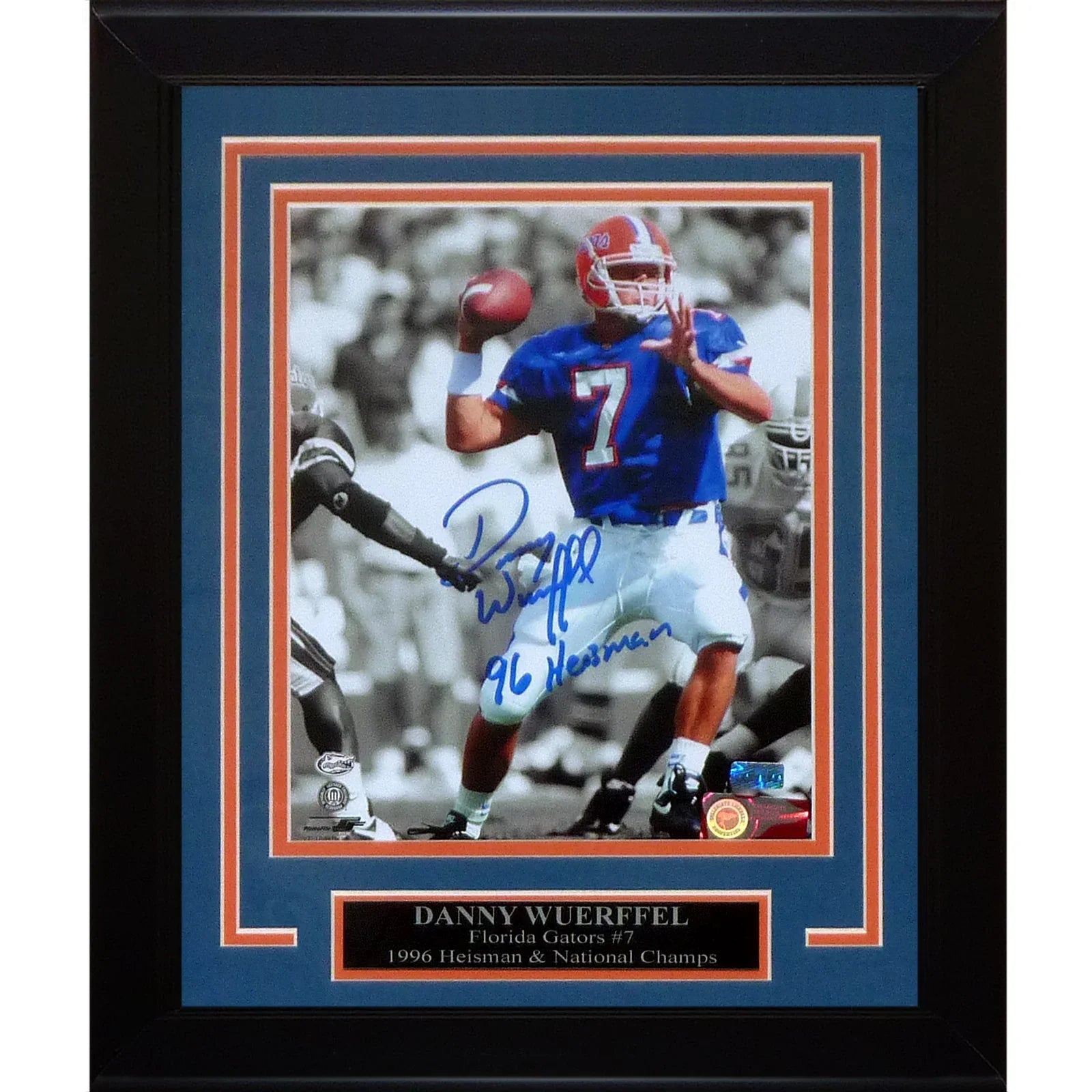 Danny Wuerffel Autographed Florida Gators (Spotlight) Deluxe Framed 8x10 Photo w/ 96 Heisman