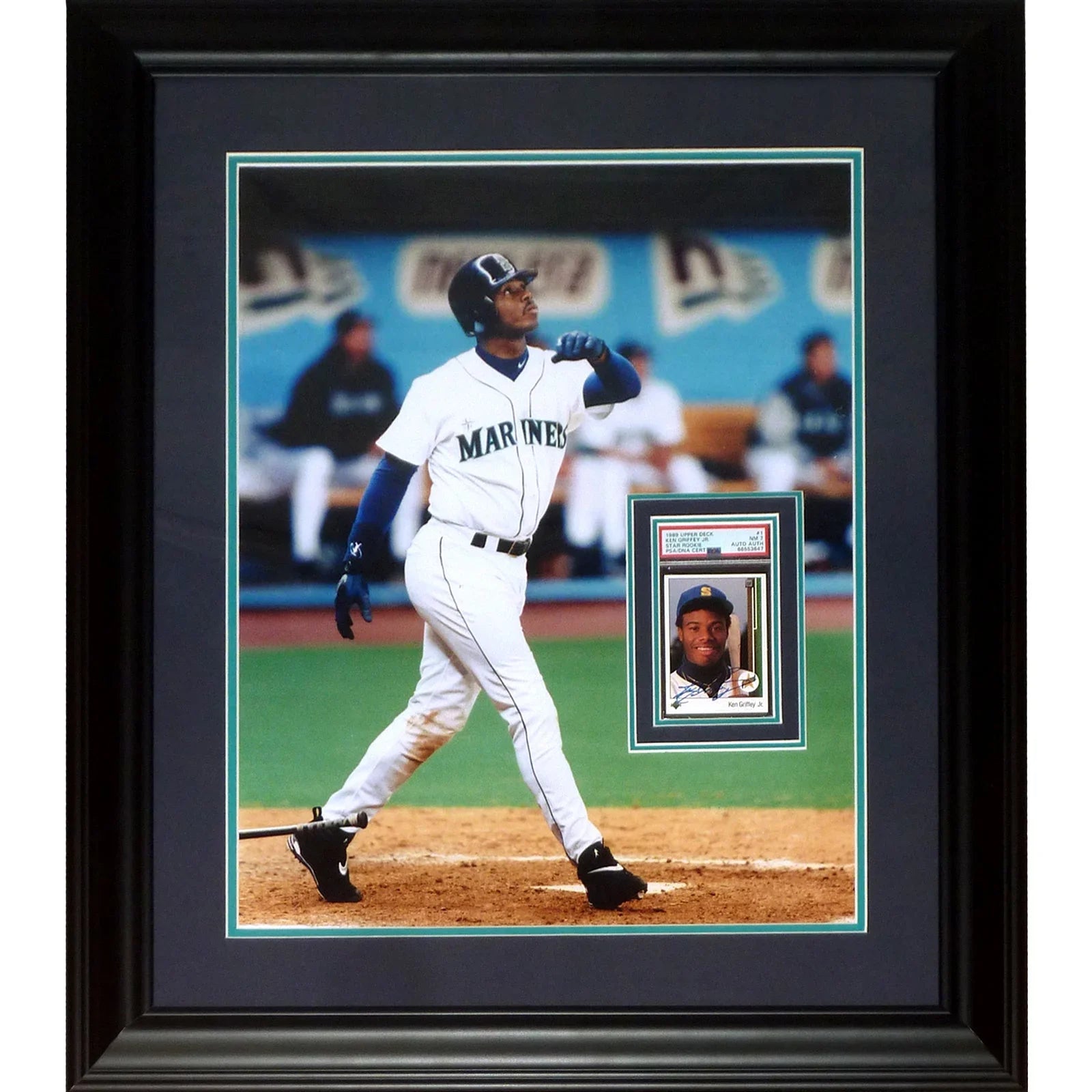 Ken Griffey Jr. Autographed 1989 Upper Deck Rookie Card #1 Deluxe Framed over Seattle Mariners 16x20 Photo - PSADNA