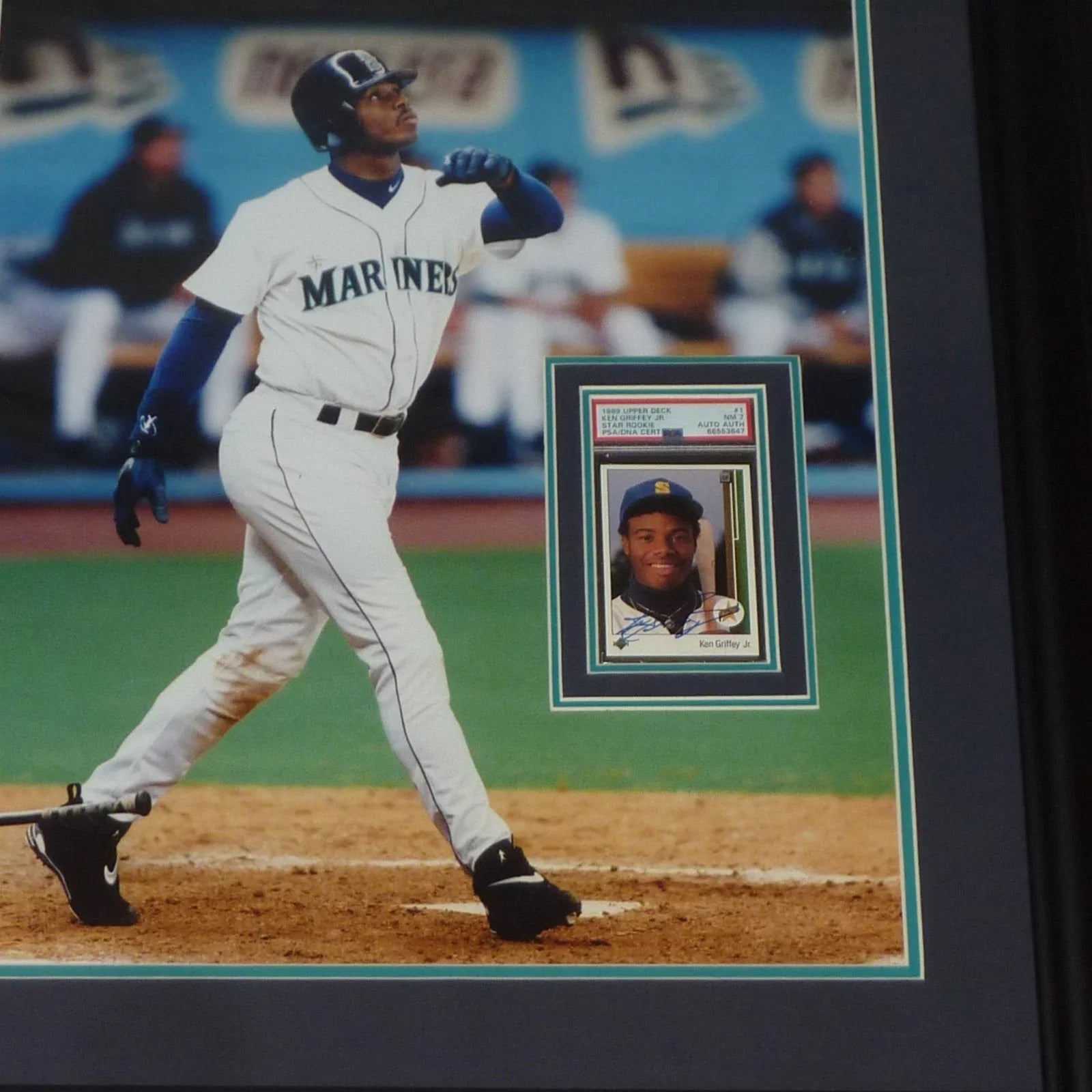 Ken Griffey Jr. Autographed 1989 Upper Deck Rookie Card #1 Deluxe Framed over Seattle Mariners 16x20 Photo - PSADNA