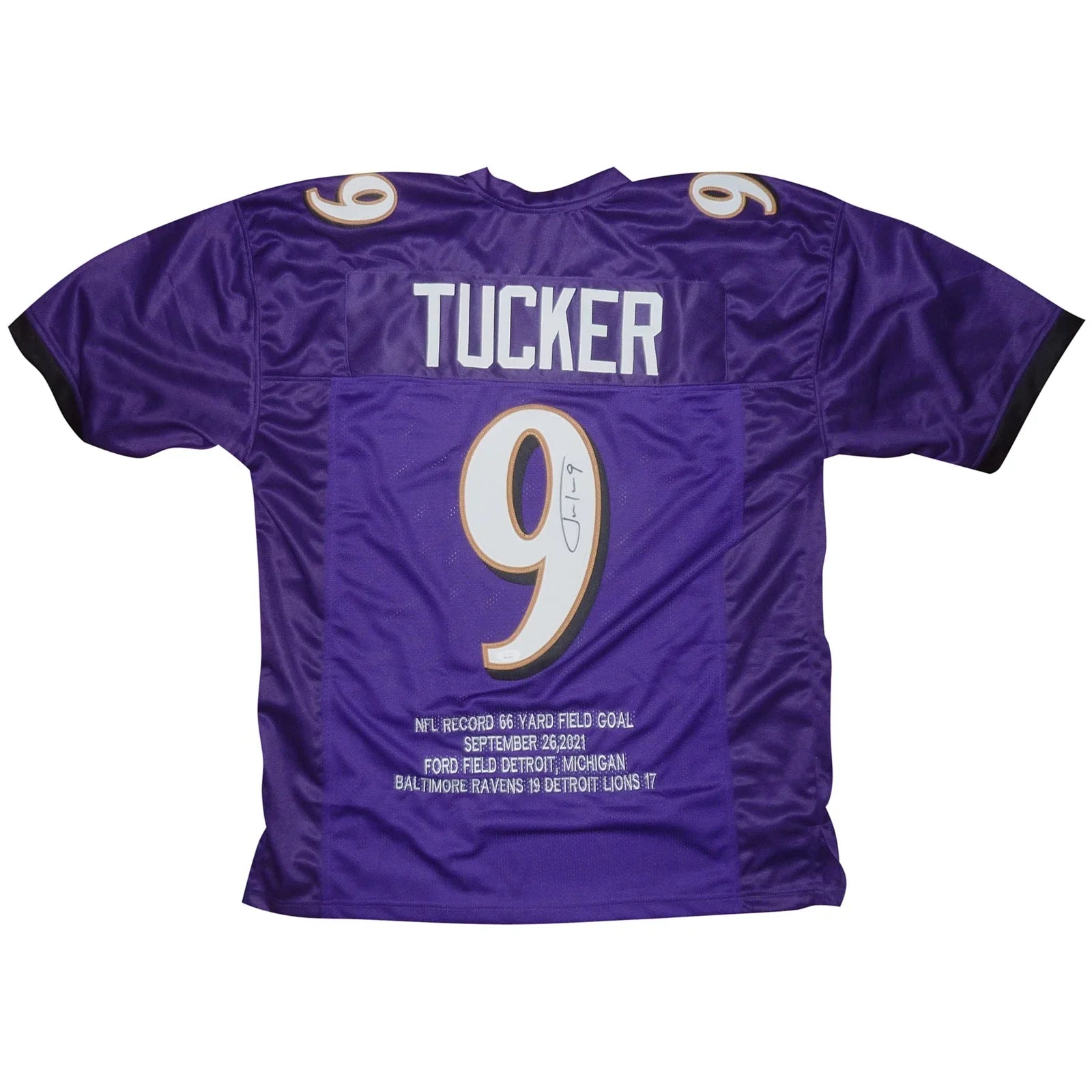 Justin Tucker Autographed Baltimore (Purple #9) Custom STAT Jersey - JSA
