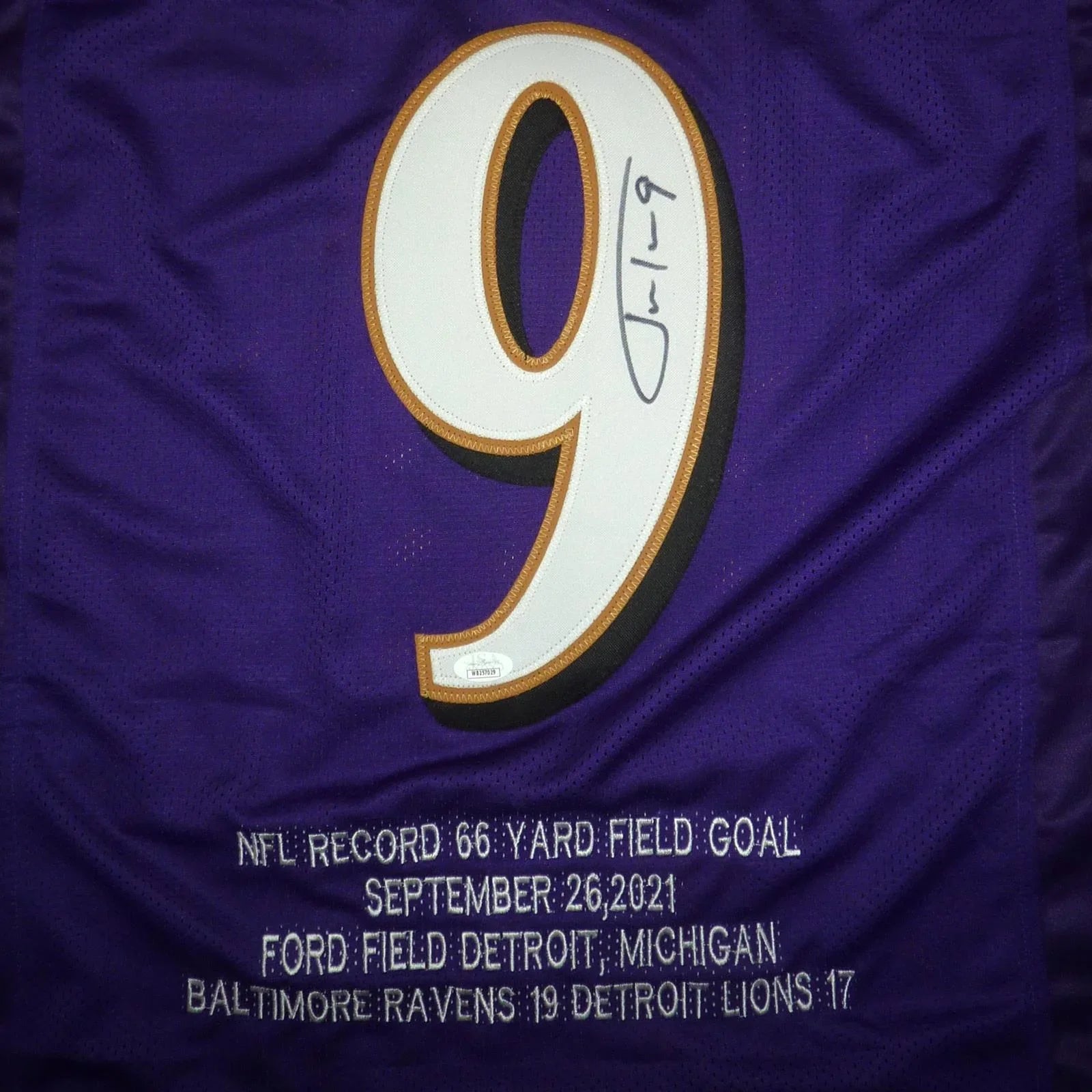 Justin Tucker Autographed Baltimore (Purple #9) Custom STAT Jersey - JSA