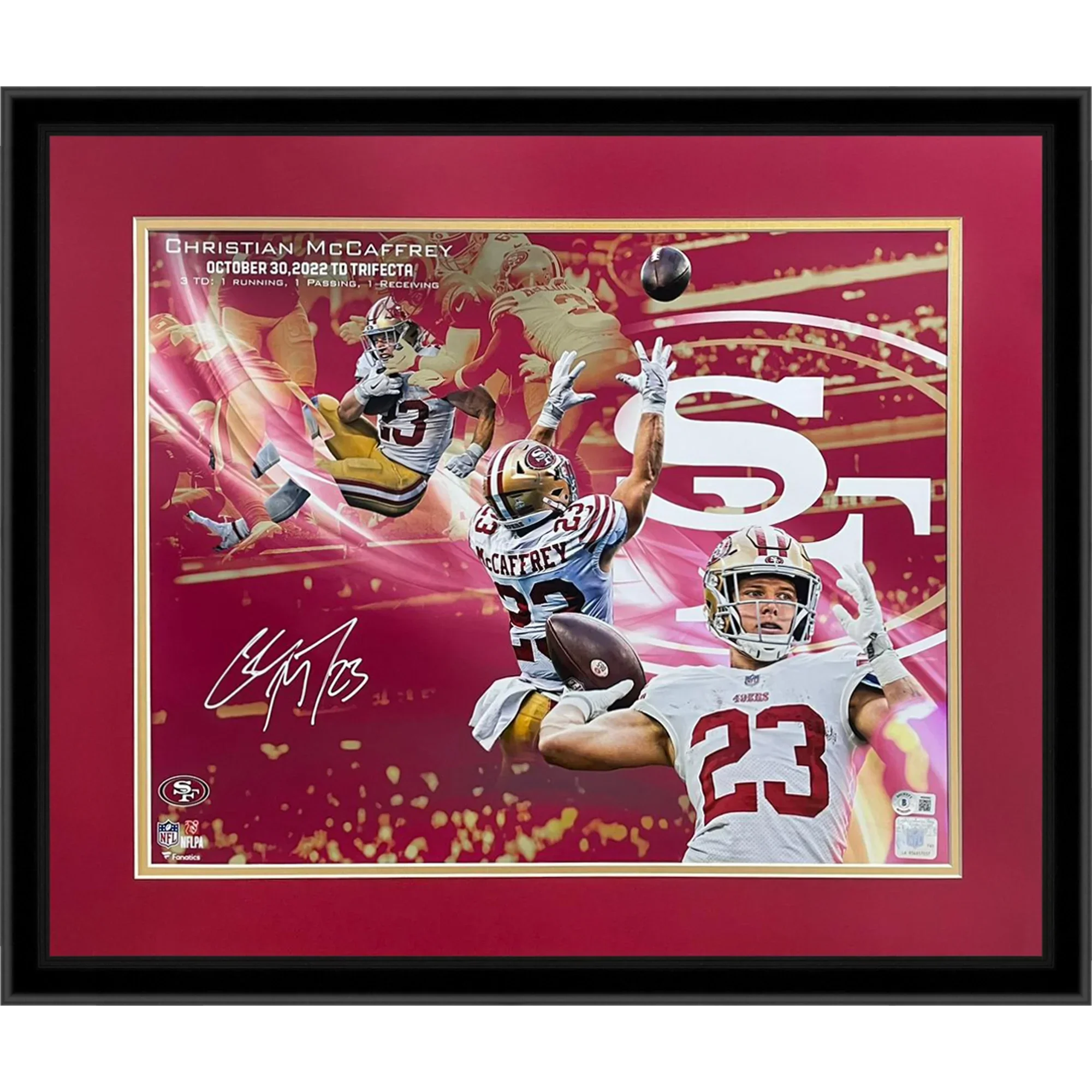 Christian McCaffrey Autographed San Francisco 49ers (Rushing Receiving Passing Touchdown Trifecta) Deluxe Framed 16x20 Photo - Beckett