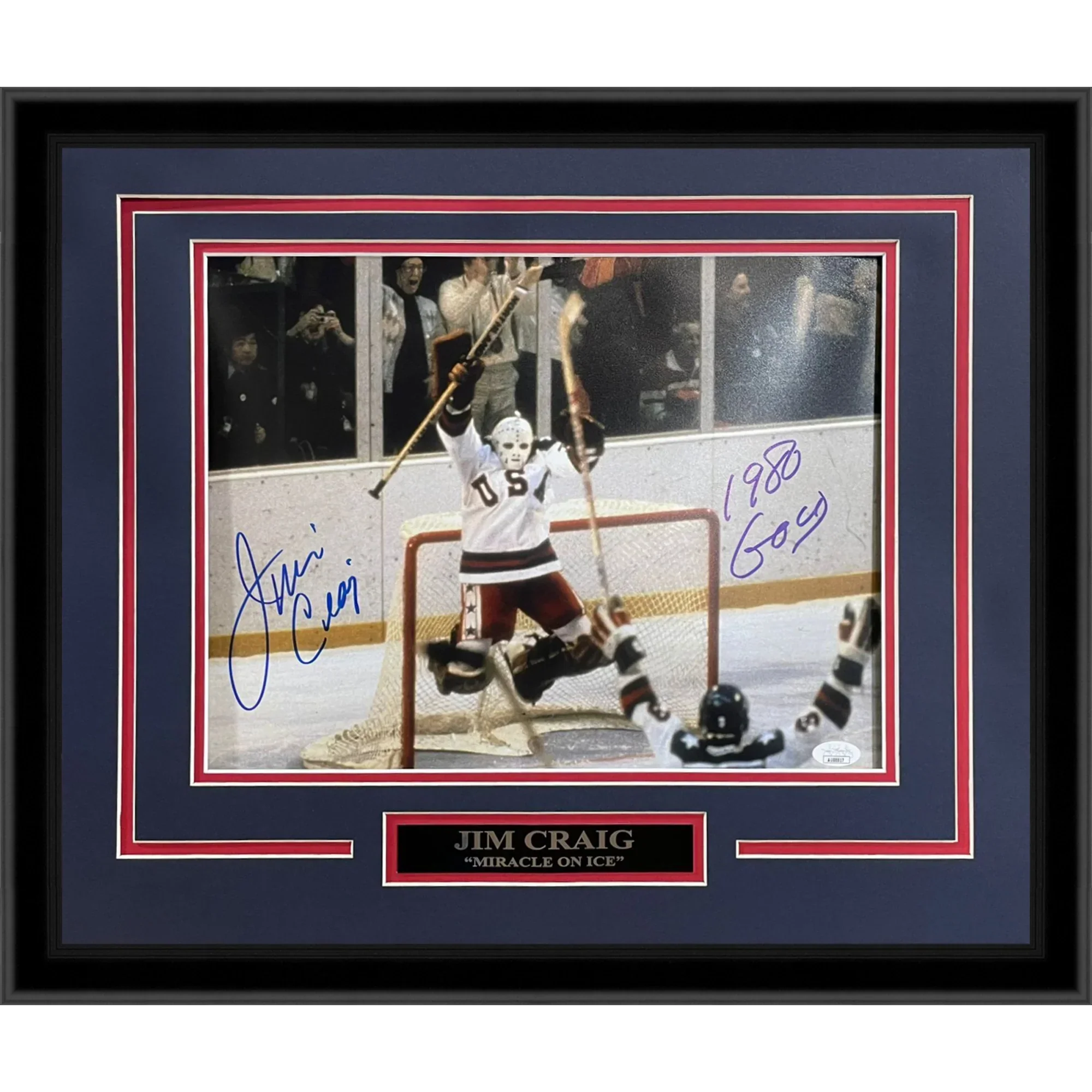 Jim Craig Autographed 1980 USA Hockey Celebration Deluxe Framed 11x14 Photo "80 Gold" - JSA