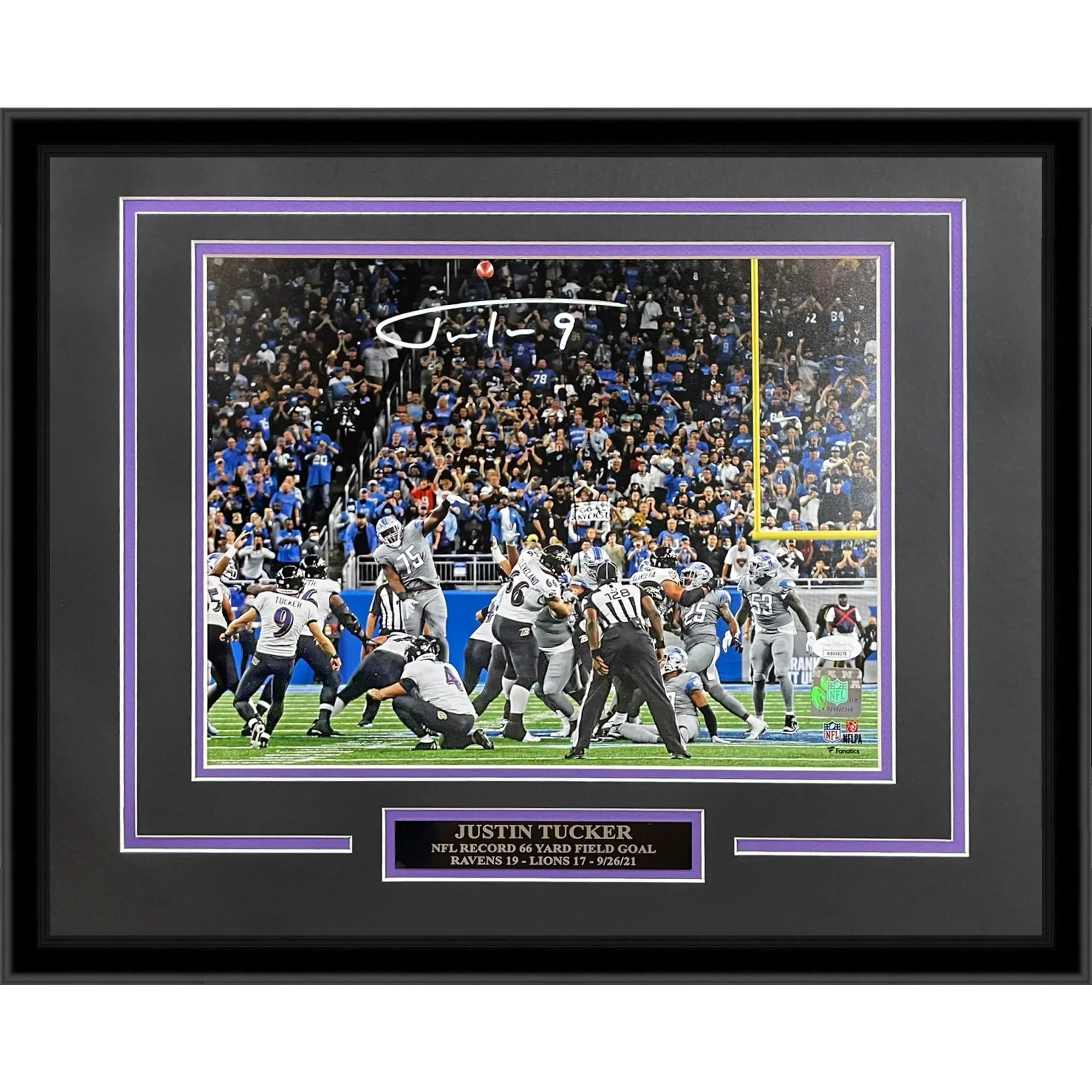 Justin Tucker Autographed Baltimore Ravens (66 Yard FG) Deluxe Framed 11x14 Photo - JSA