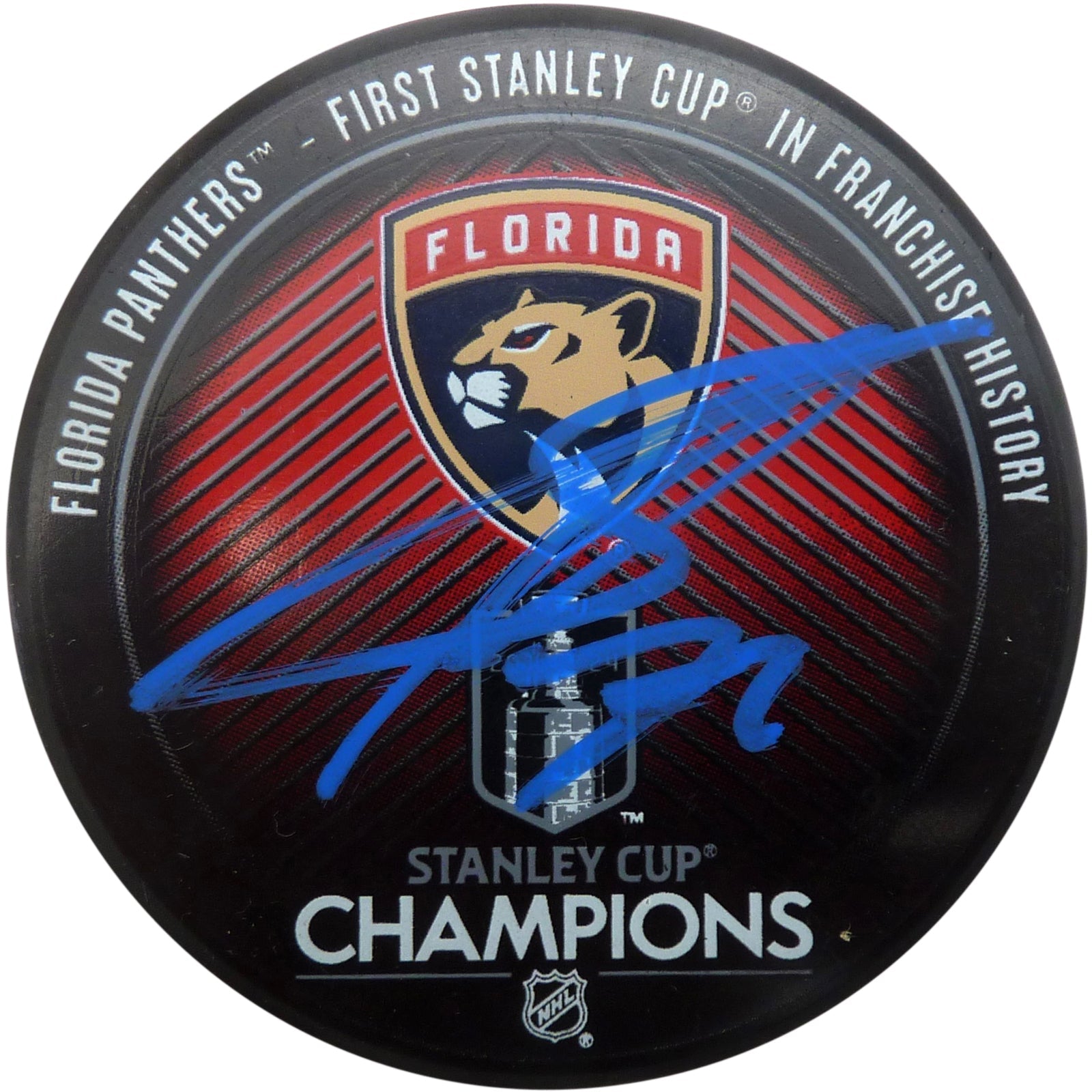Sergei Bobrovsky Autographed Florida Panthers (2024 Stanley Cup Champs) Hockey Puck - Blue - Beckett