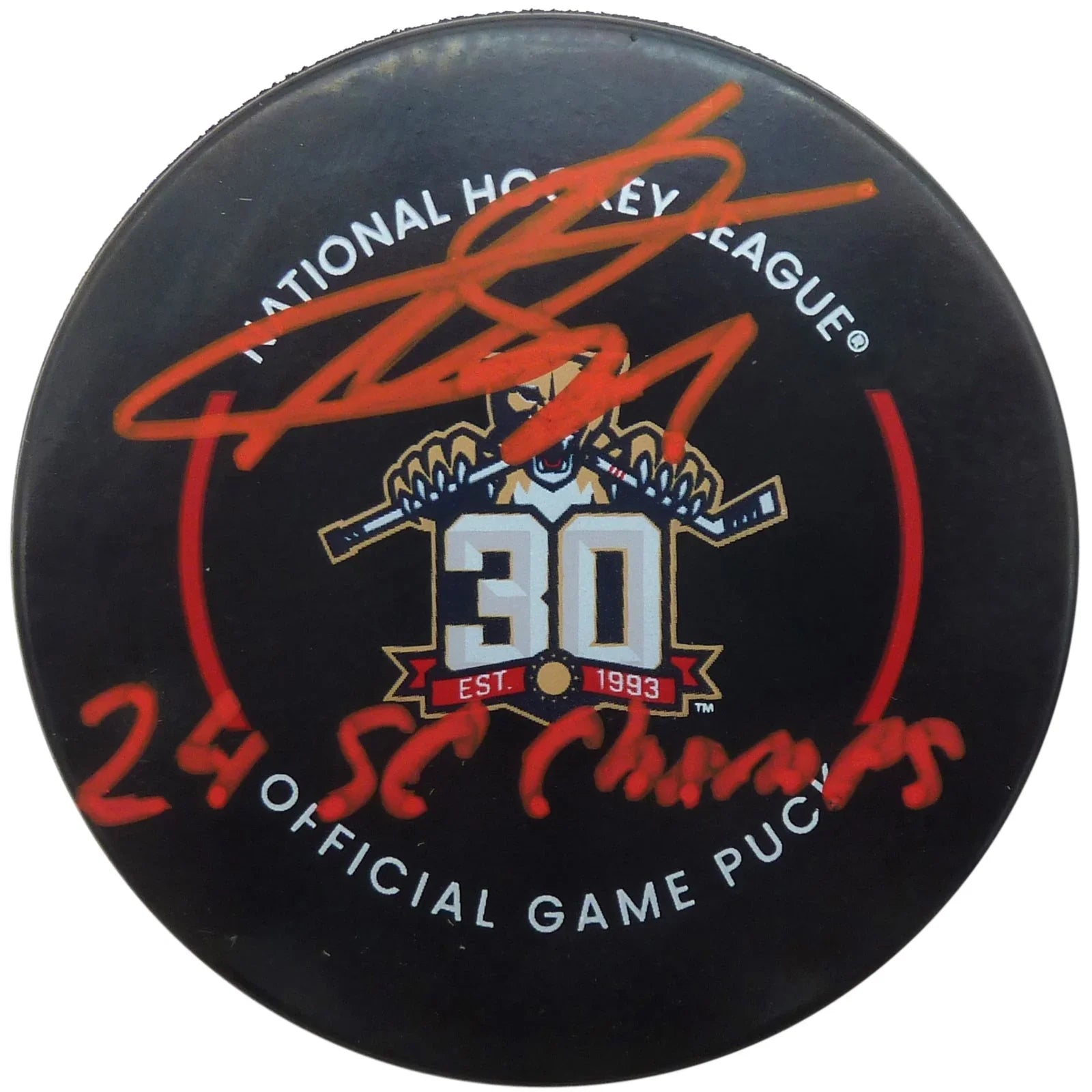 Sergei Bobrovsky Autographed Florida Panthers (Official Game 30th) Hockey Puck w/ "24 SC Champs" - Beckett