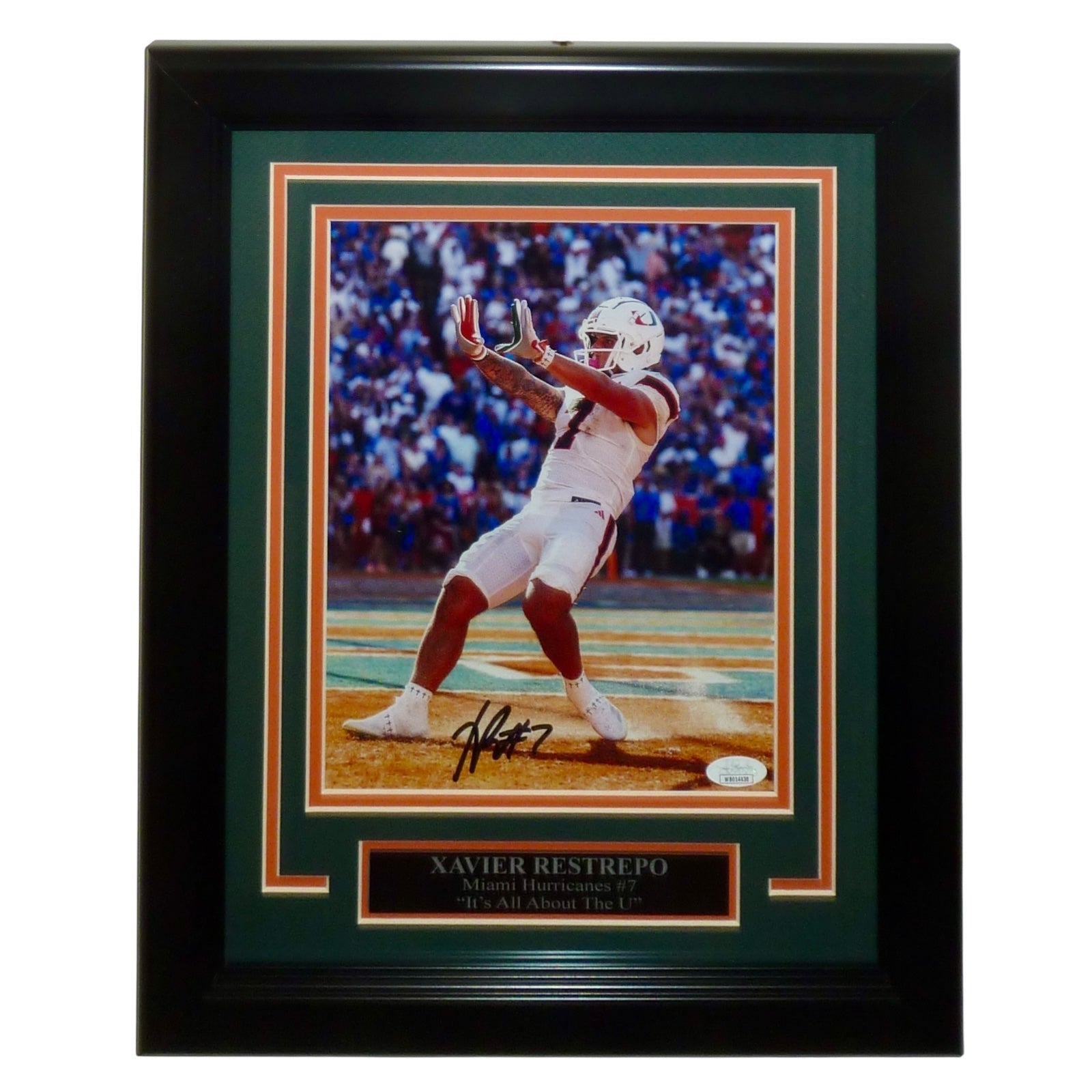 Xavier Restrepo Autographed Miami Hurricanes (TD Celebration) Deluxe Framed 8x10 Photo - JSA