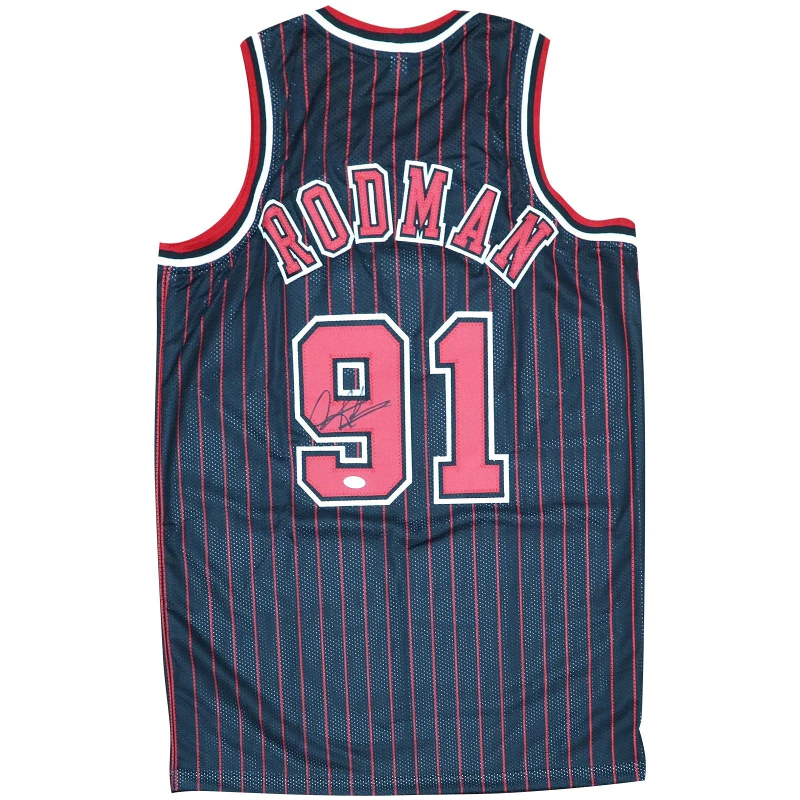 Dennis Rodman Autographed Chicago Bulls (Black Pinstripe #91) Custom Jersey - JSA