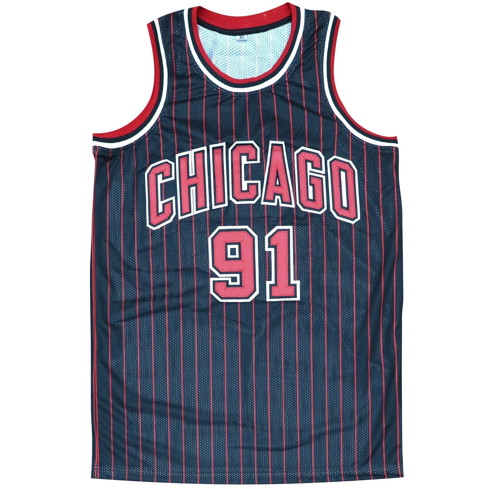Dennis Rodman Autographed Chicago Bulls (Black Pinstripe #91) Custom Jersey - JSA
