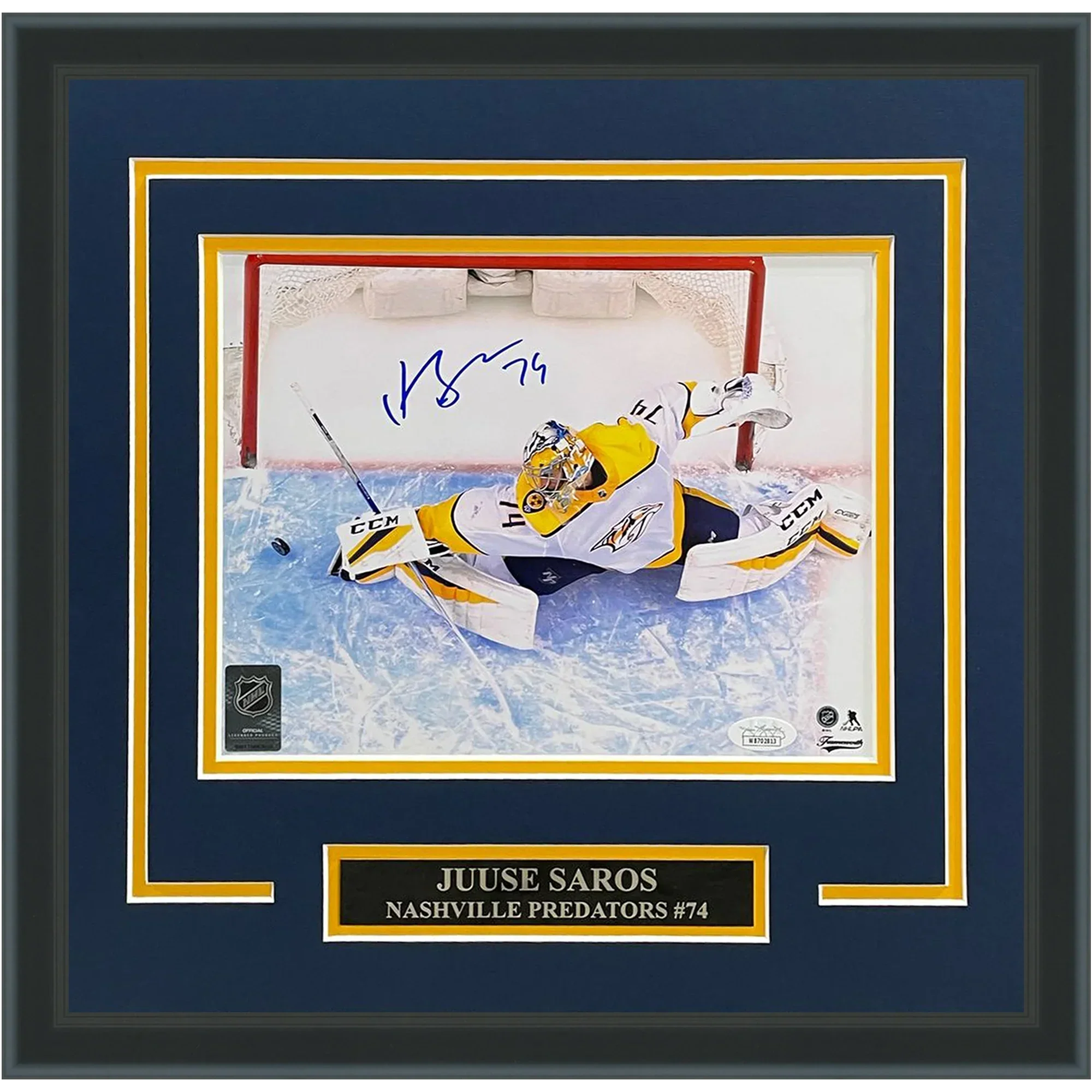 Juuse Saros Autographed Nashville Predators (Horiz Stretch Save) Deluxe Framed 8x10 Photo - JSA