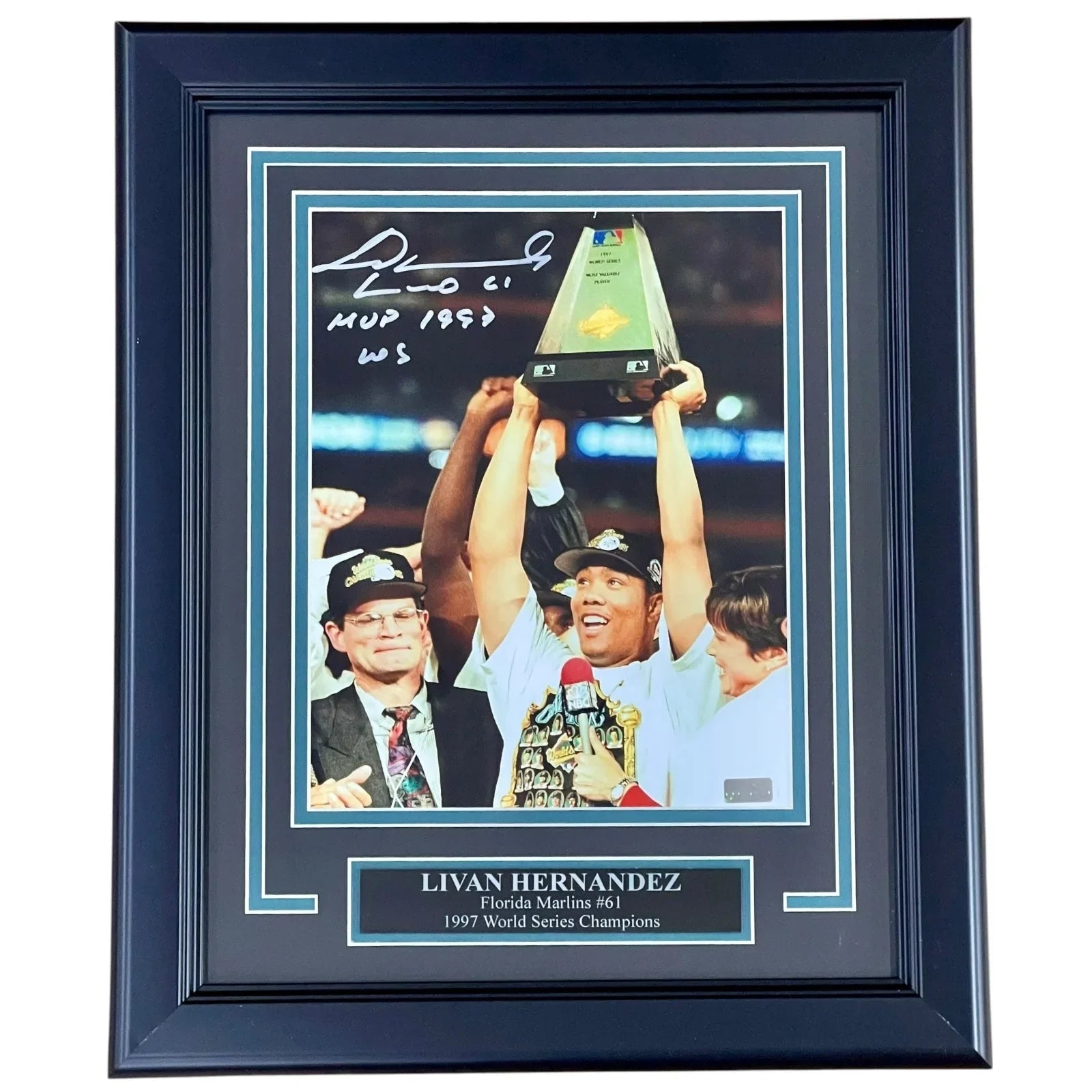 Livan Hernandez Autographed Florida Marlins (World Series Trophy) Deluxe Framed 8x10 Photo w/ "MVP 1997 WS"