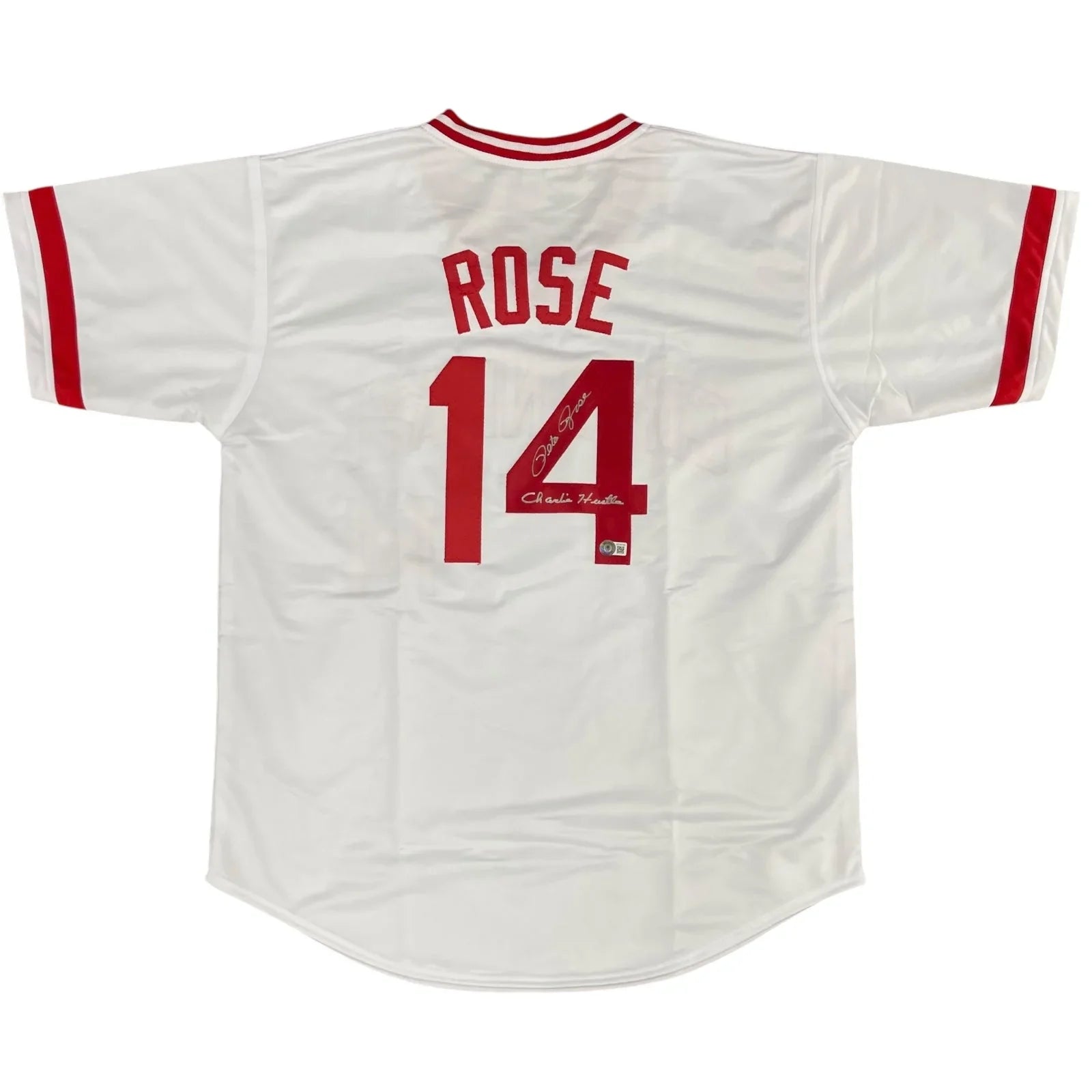 Pete Rose Autographed Cincinnati (White #14) Custom Jersey w/ "Charlie Hustle" - JSA