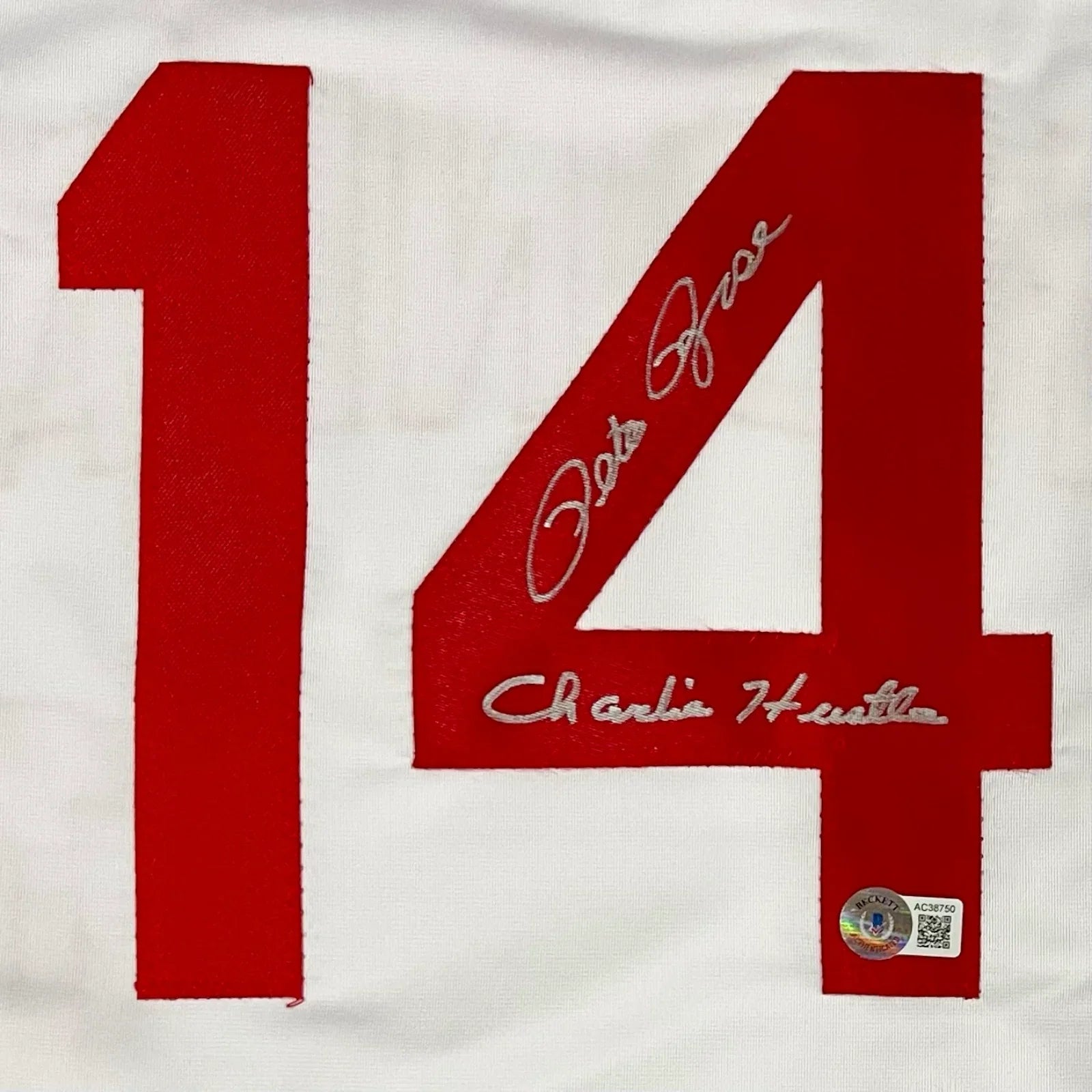 Pete Rose Autographed Cincinnati (White #14) Custom Jersey w/ "Charlie Hustle" - JSA
