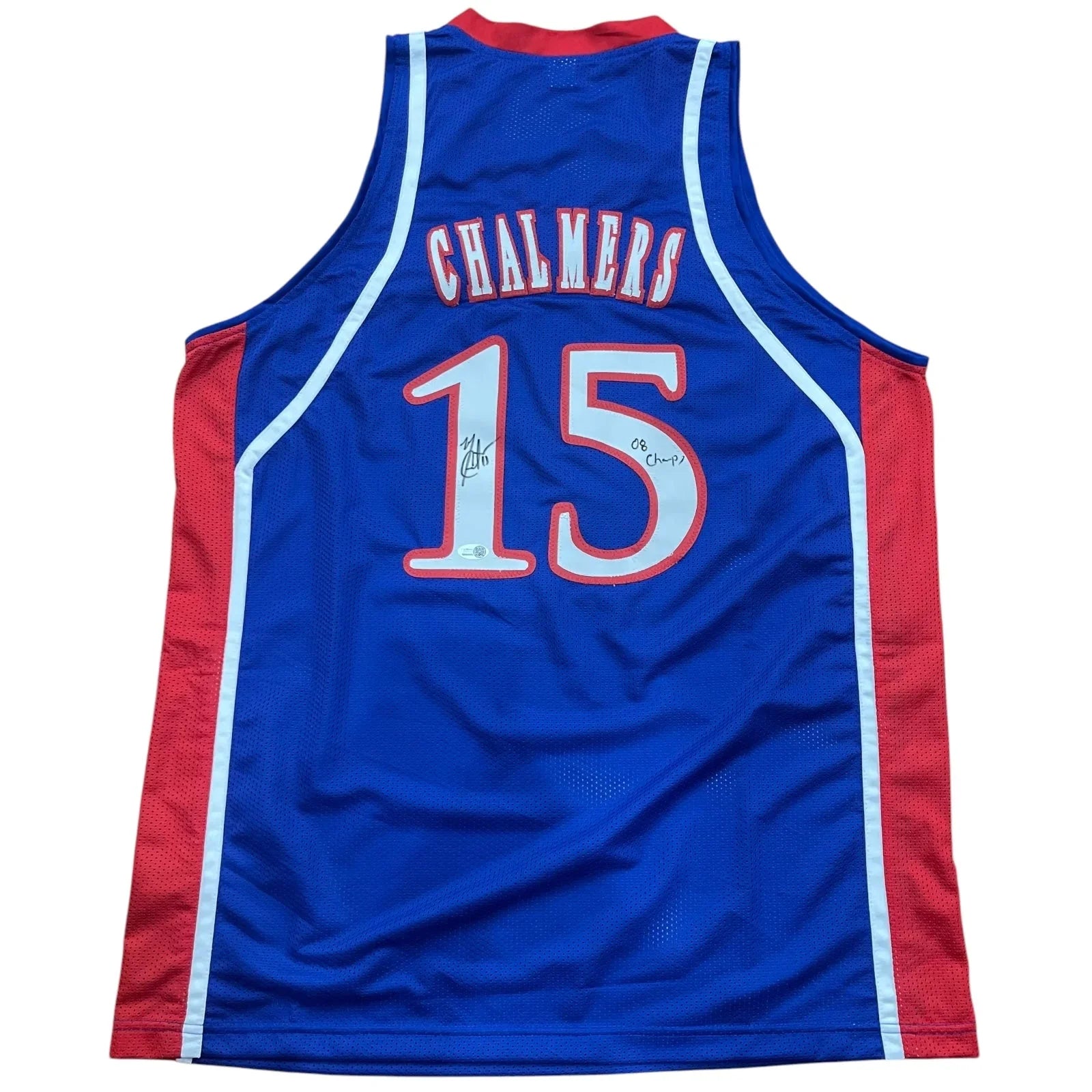 Mario Chalmers Autographed Kansas Jayhawks (Blue #15) Custom Jersey w/ "08 Champs" - JSA