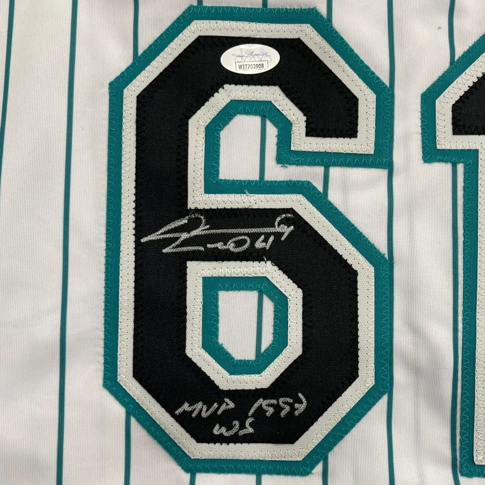Livan Hernandez Autographed Florida Marlins (Pinstripe #61) Custom Jersey w/ "MVP 1997 WS" - JSA