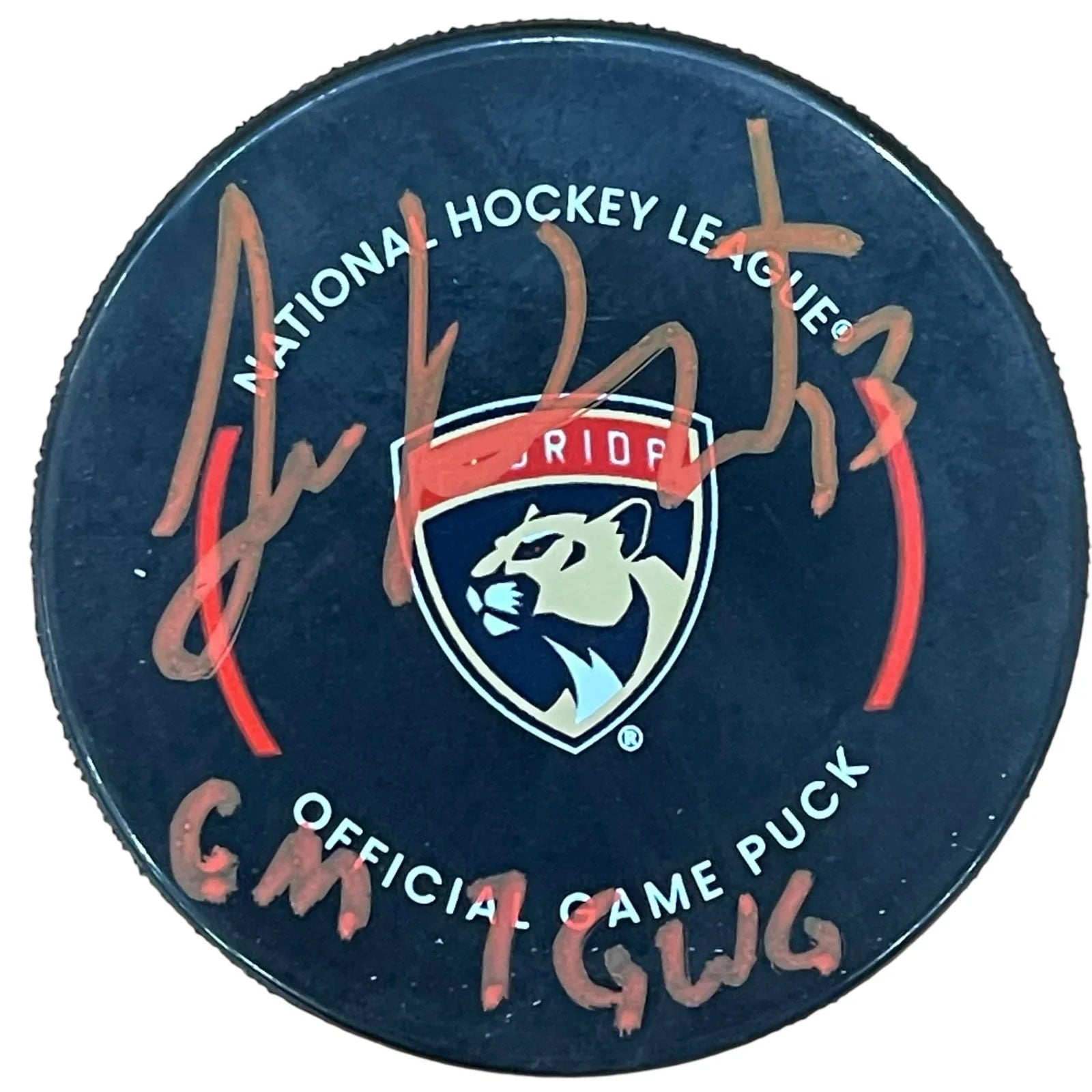 Sam Reinhart Autographed Florida Panthers (Official Game) Hockey Puck w/ "GM 7 GWG" - JSA